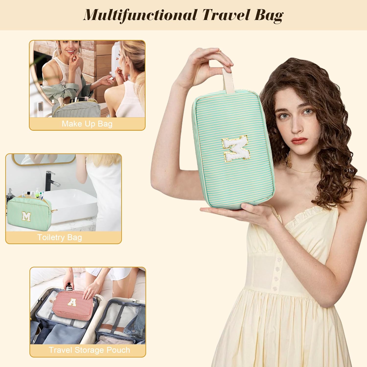 Travel Makeup Bag Christmas Gifts for Women Girl Teens, Personalized Initial Makeup Bag for Cute