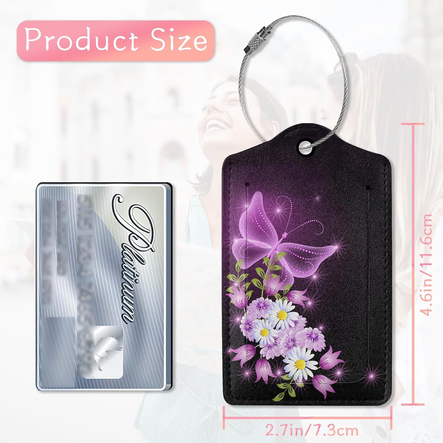 Luggage Tags for Suitcases, 2 Pack Fantasy Purple Butterflies Luggage Tag, Leather Stainless Steel Loop Label Tag for Men Travel Bag Suitcase