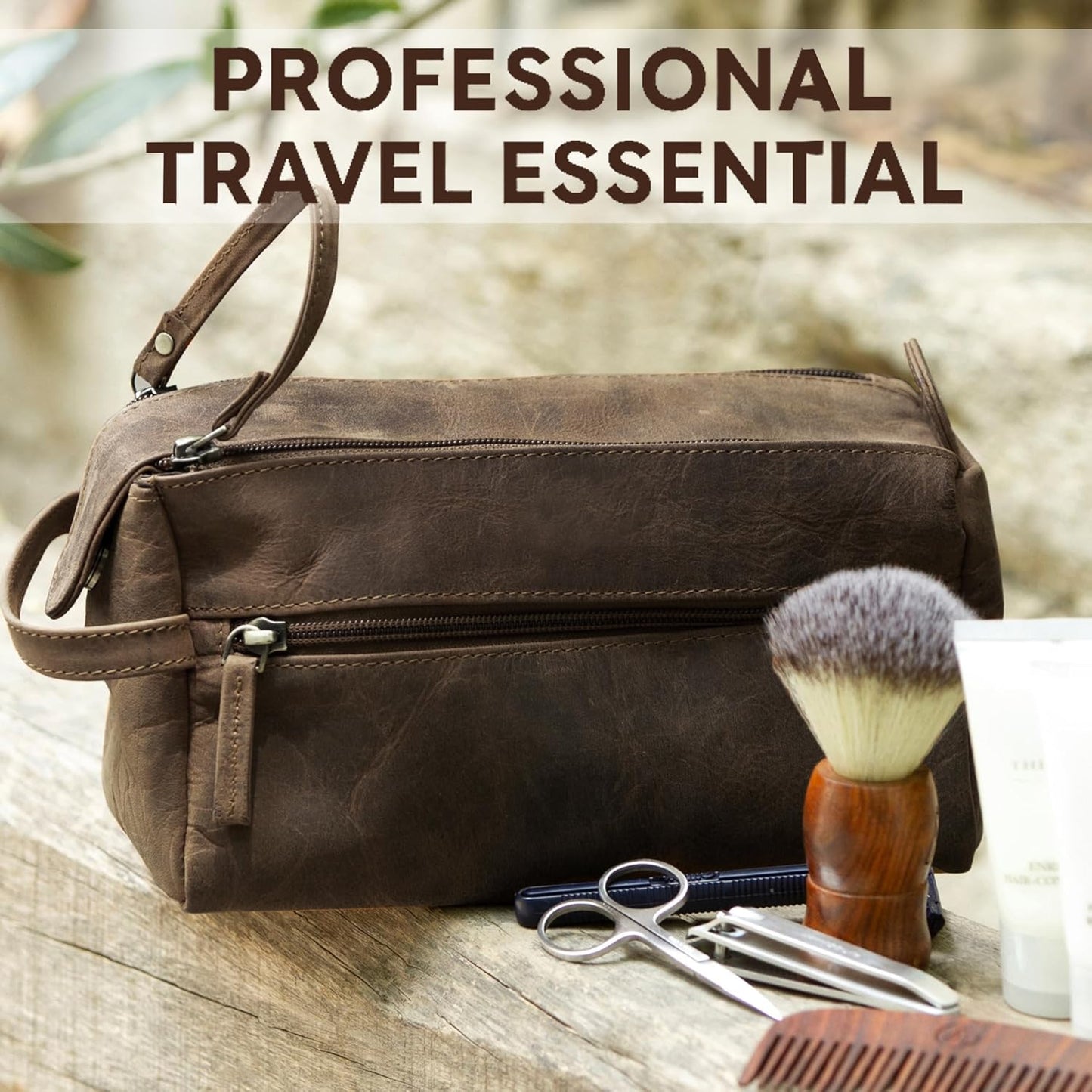 RUSTIC TOWN Buffalo Leather Toiletry Bag : Vintage Travel Shaving & Ditty Kit : for Toiletries, Cosmetics & More : Spacious Interior & Waterproof Lining : Compact, Fits Easily in Luggage