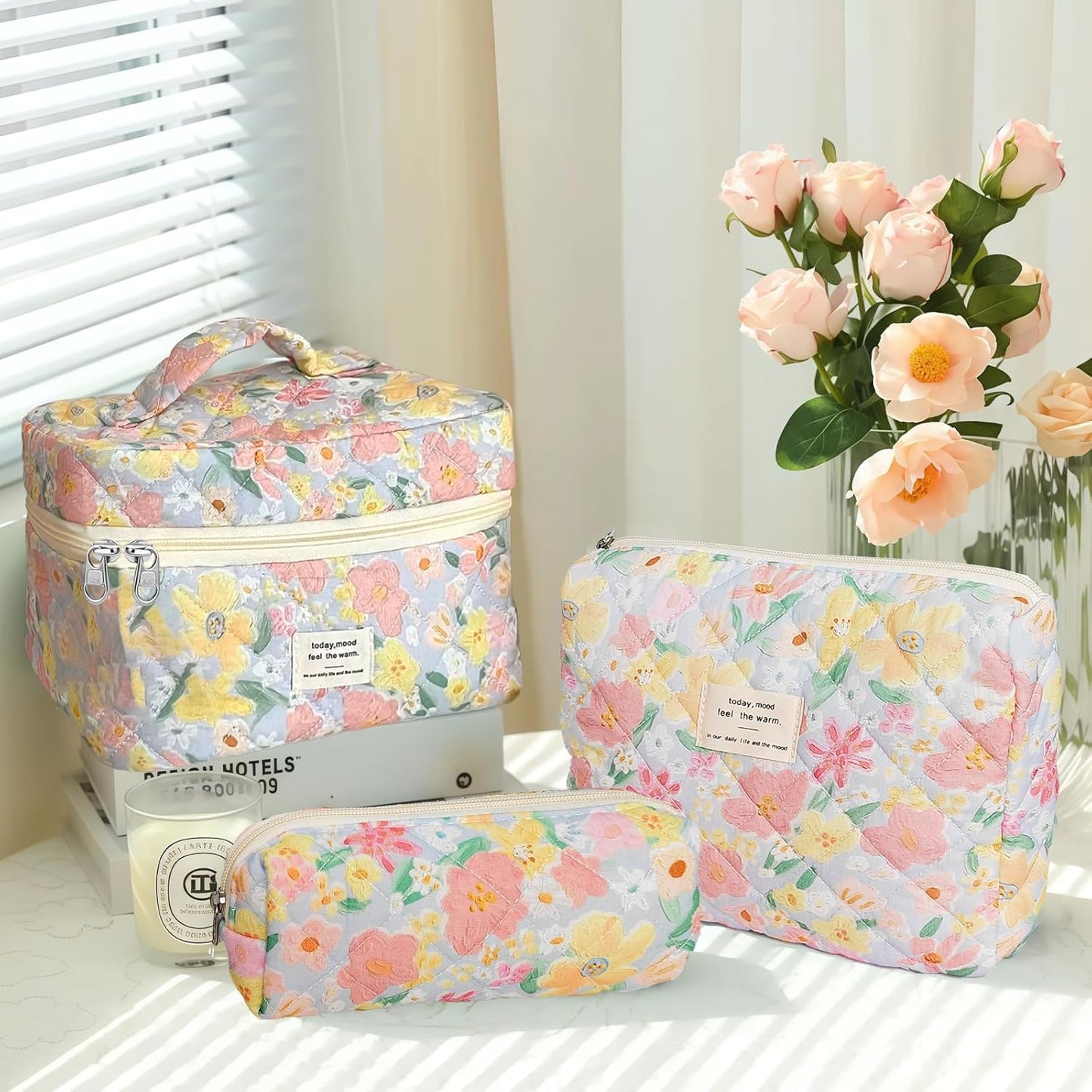 Quilted Makeup Bag, Large Capacity Travel Cosmetic Bag for Women and Girls, Aesthetic Storage for Daily and Travel Use (3pcs-floweroilpainting Print)