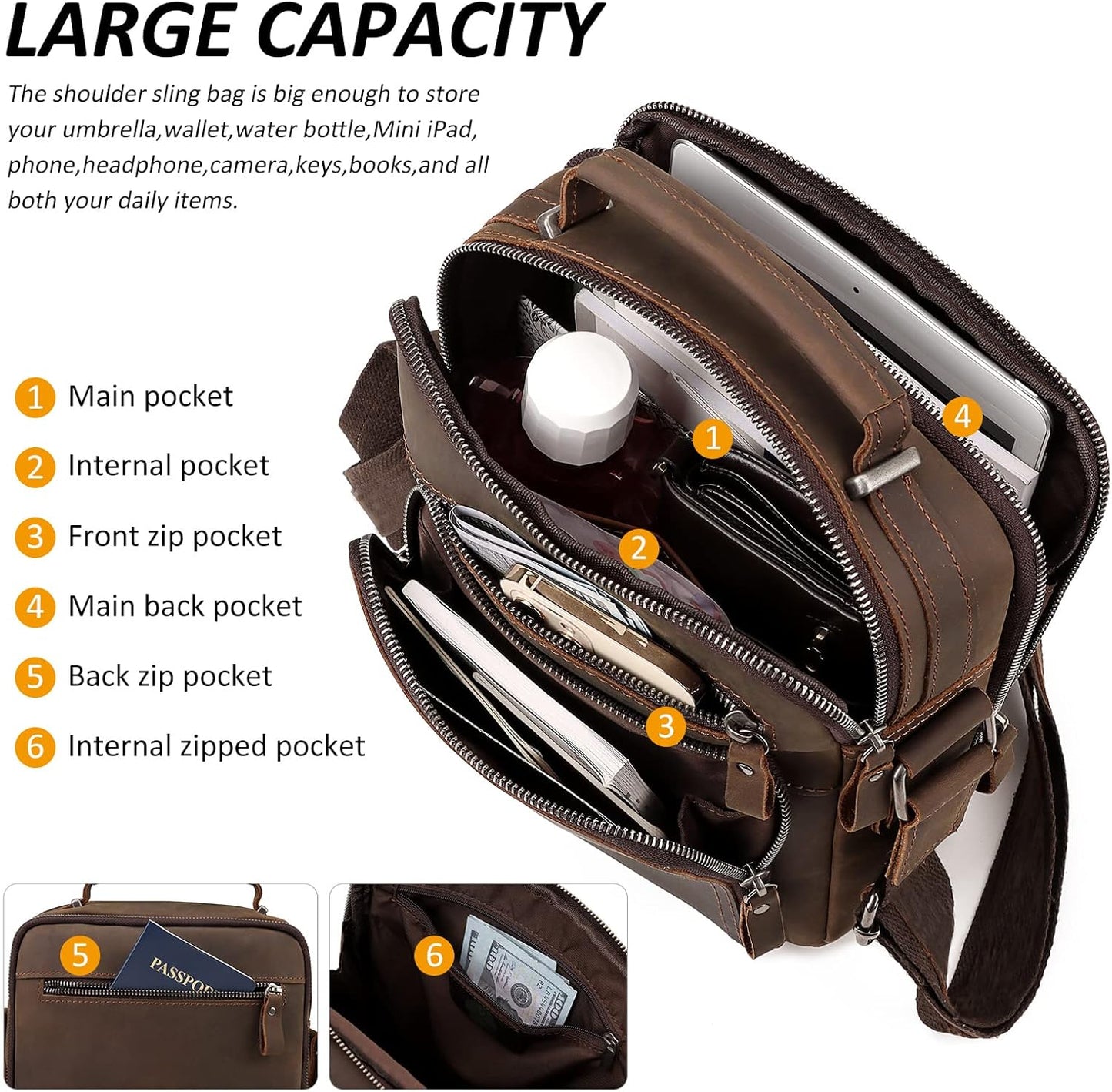 Crossbody Bag Shoulder Bag for Men, Genuine Leather Man Bag Vintage Messenger Bag for Travel Work Business