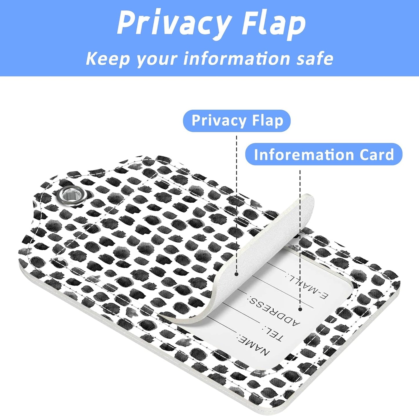 Set of 2 Luggage Tags Black White Watercolor Dots Leather Suitcases Tag with Privacy Cover Stainless Steel Loop and Address Card for Women Men Travel