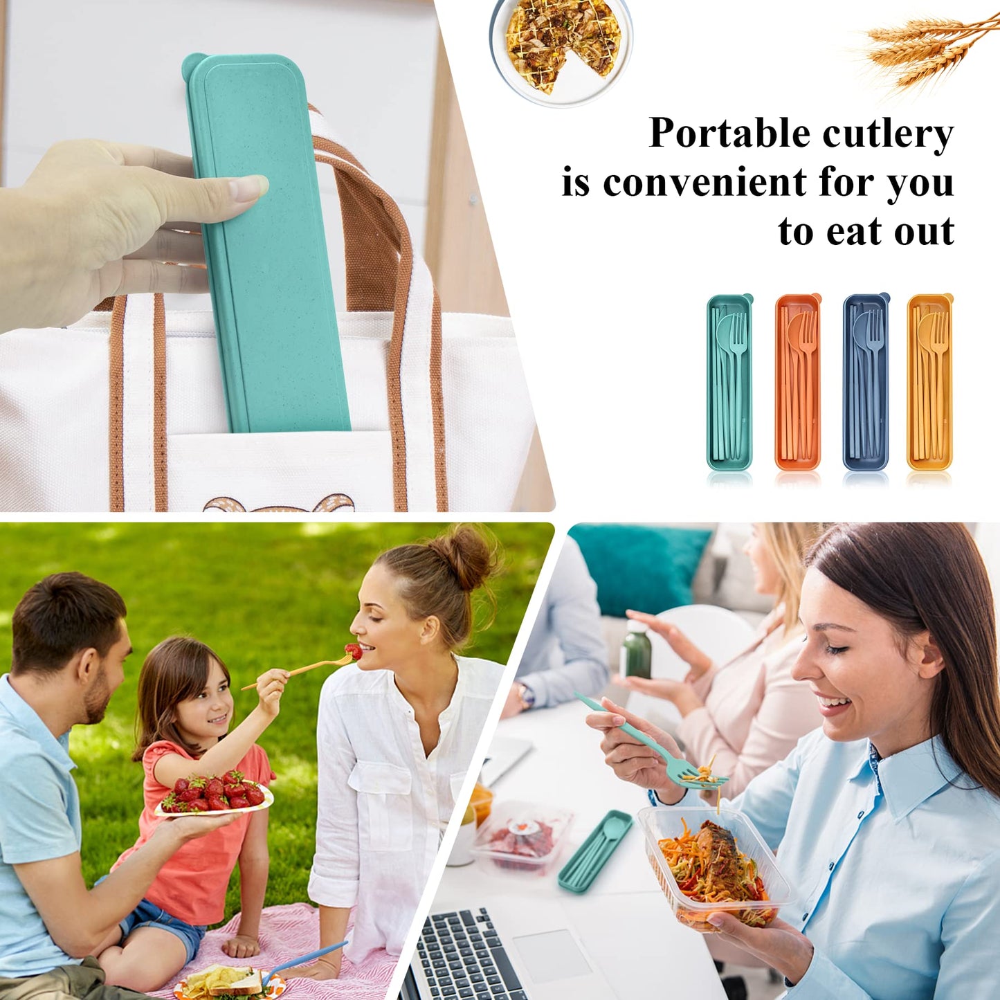 DISSKNIC Reusable Travel Utensils with Case, 4 Sets Wheat Straw Portable Cutlery Set Chopsticks