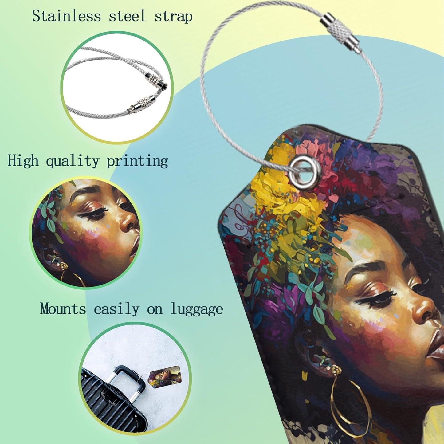 Luggage Tags for Suitcase,2 Pack African Girl Flowers Luggage Tag PU Leather Privacy Cover ID Label with Stainless Steel Loop for Women Men Teens Travel