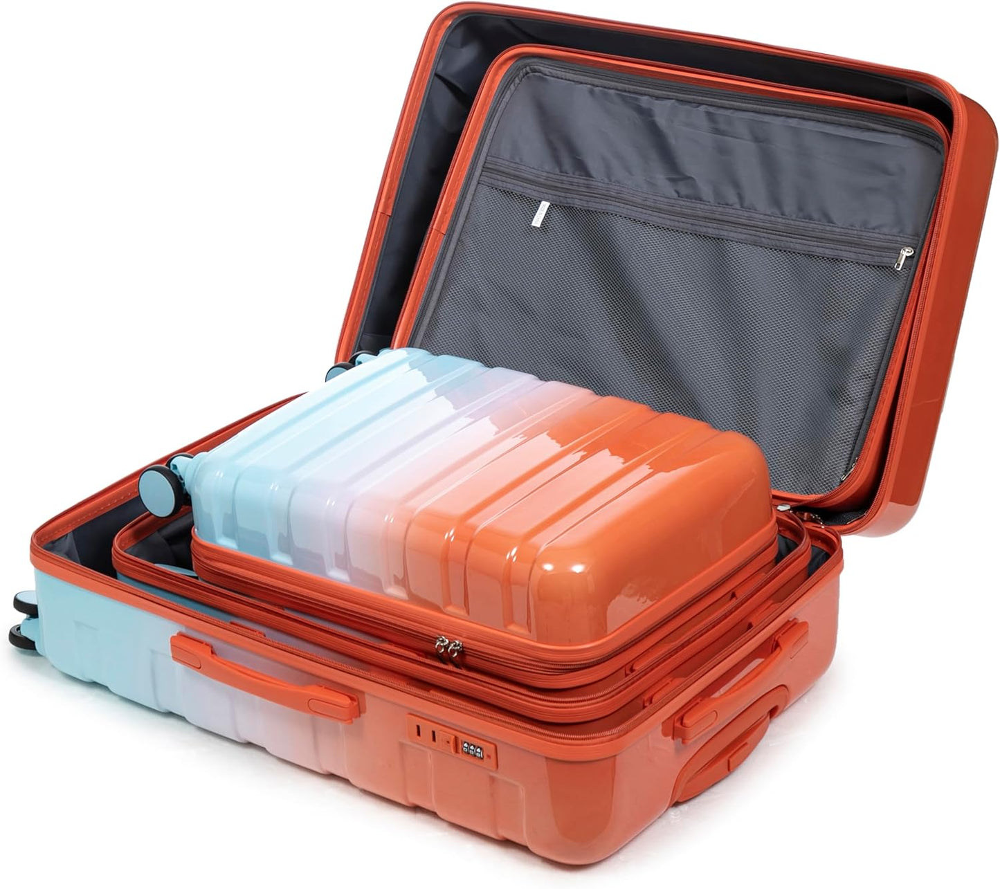 Campfun 3 Piece Luggage Sets, PC Gradient Color Suitcase Set with Double Spinner Wheels Hang Hook, Durable Carry On Luggage with Combination Lock, 20/24/28 inch, Red+Blue