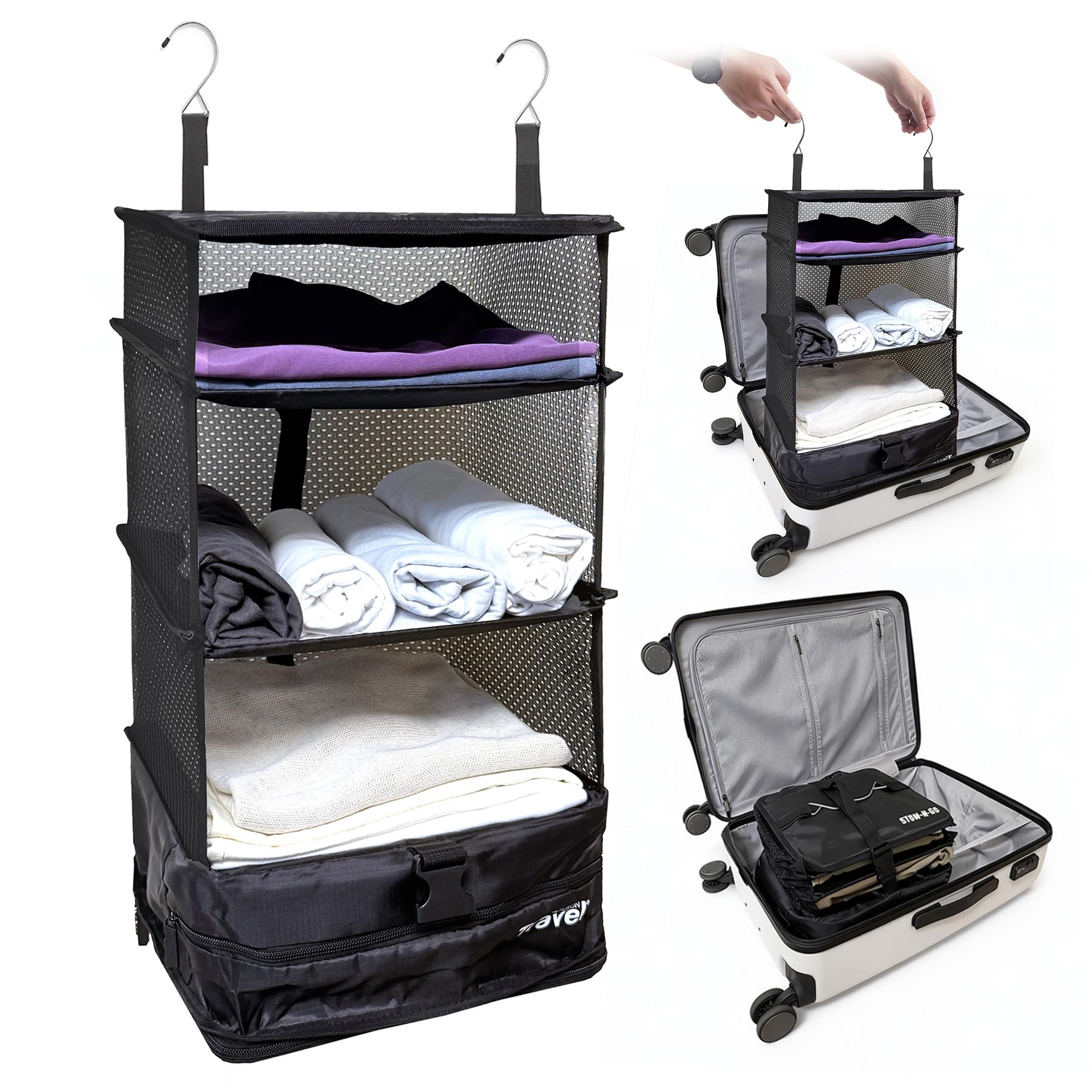 Grand Fusion Stow-N-Go Hanging Travel Shelves, Packing Organizer for Luggage. Carry on Closet for