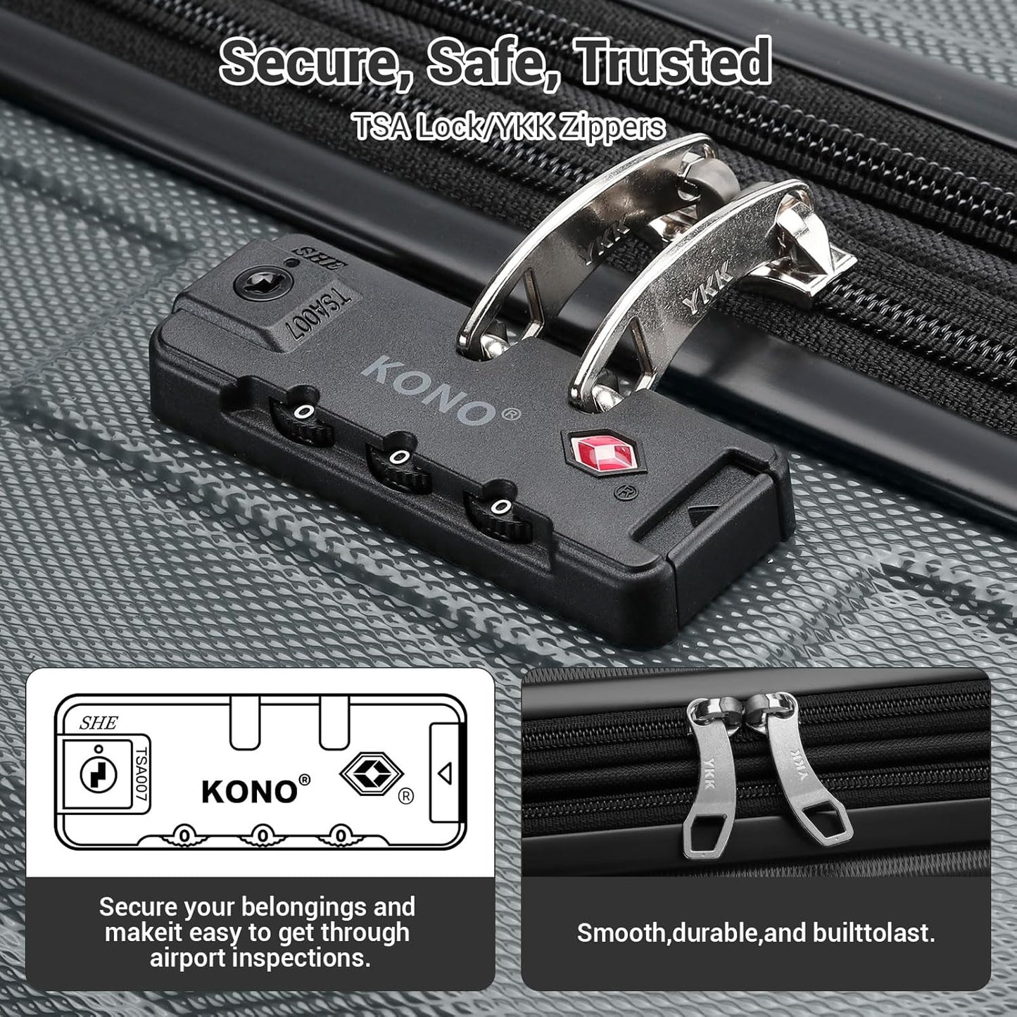 Kono Luggage 3 Piece Set Suitcase Spinner Hardshell Lightweight TSA Lock For Men Women(grey, 3 piece set(20in24in28in))