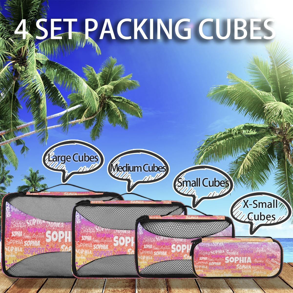 Personalized Packing Cubes, Set of 4 with Zipper Handles, Custom Name Travel Suitcases Luggage Packing Organizers, Purple Red Yellow Glittering