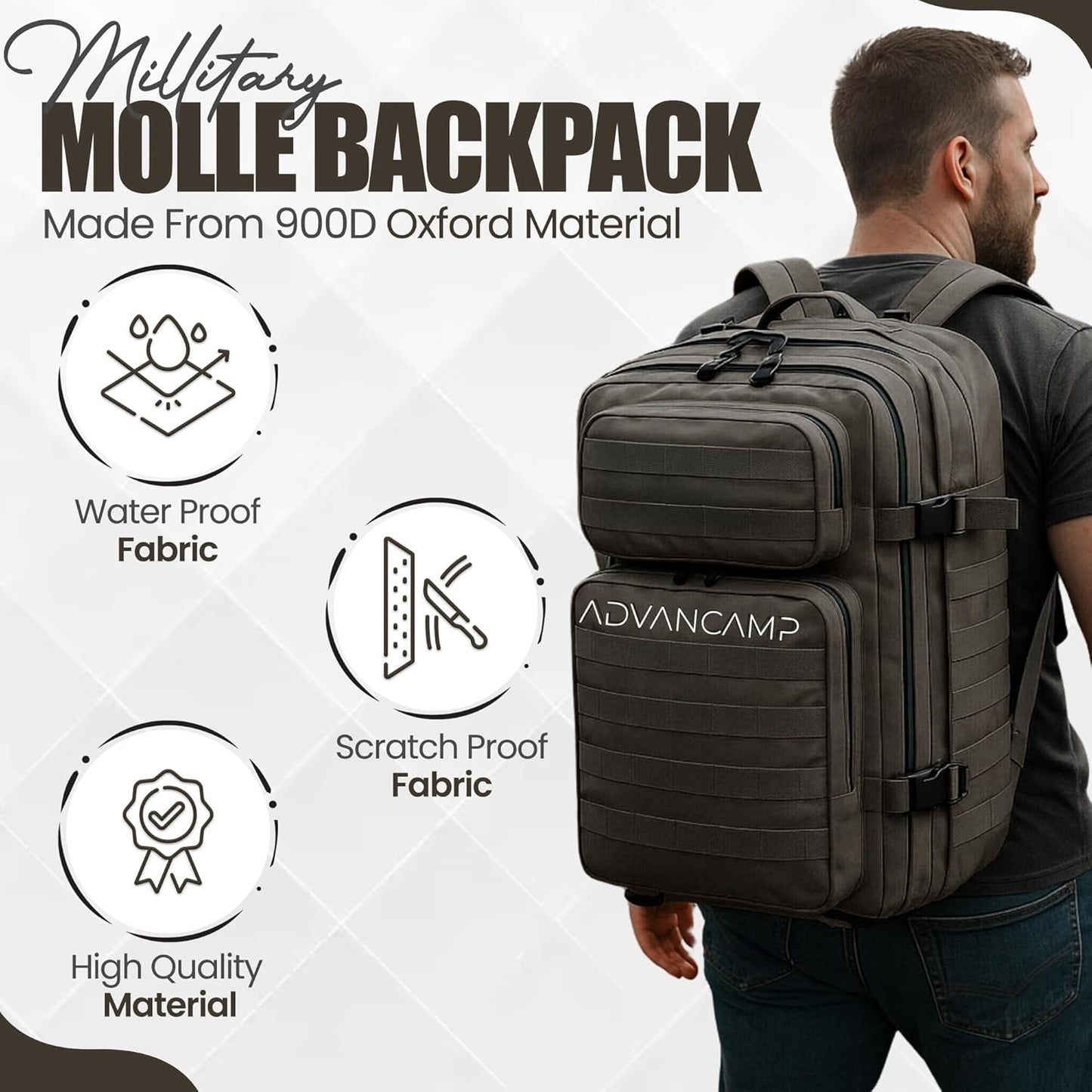 Rucking Backpack for Men, 45L Large Capacity Tactical Military Backpack with Molle Webbing, Durable 900D Oxford Hiking Camping Rucksack