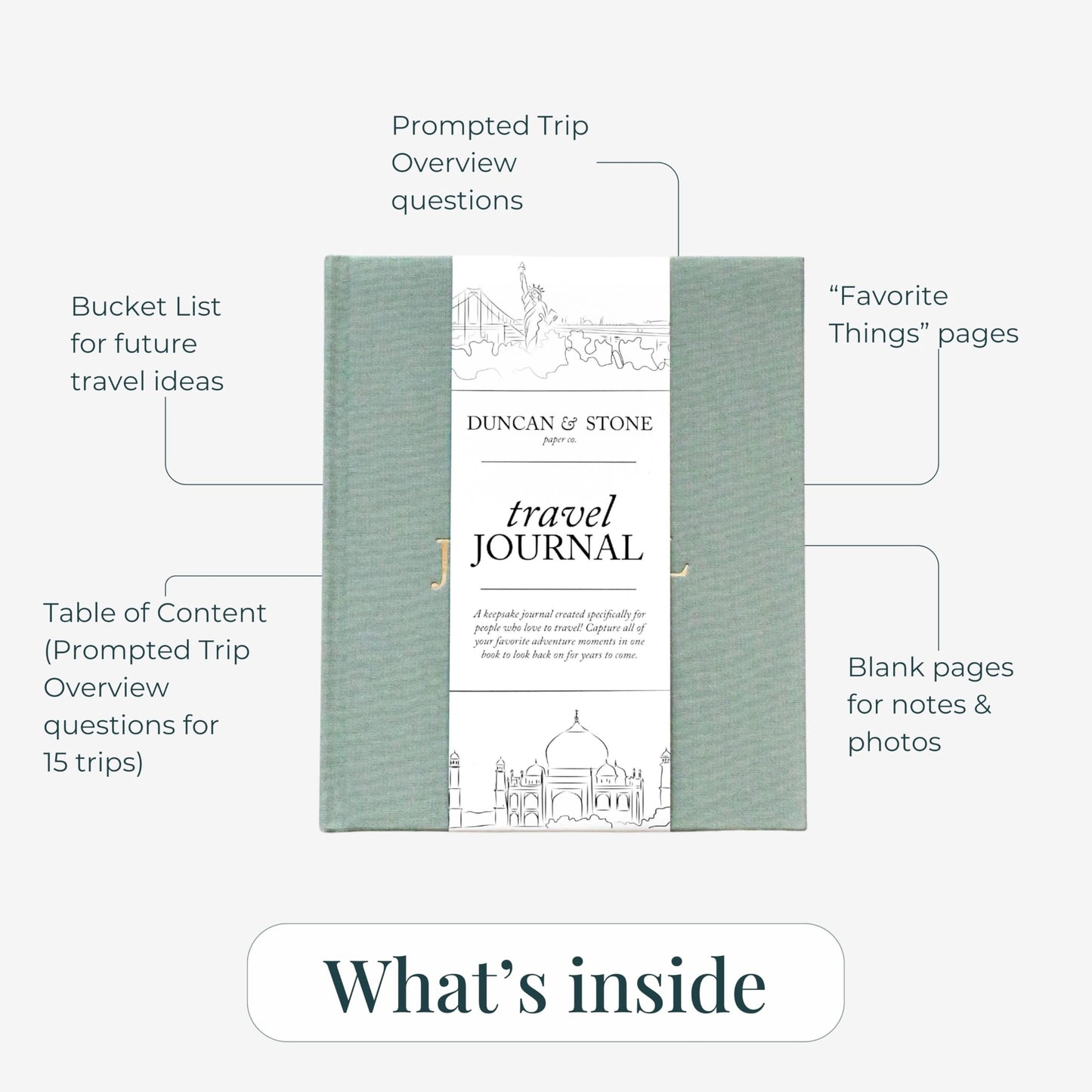 Duncan & Stone Travel Journal with Prompts, Linen Hardcover, Sage Green