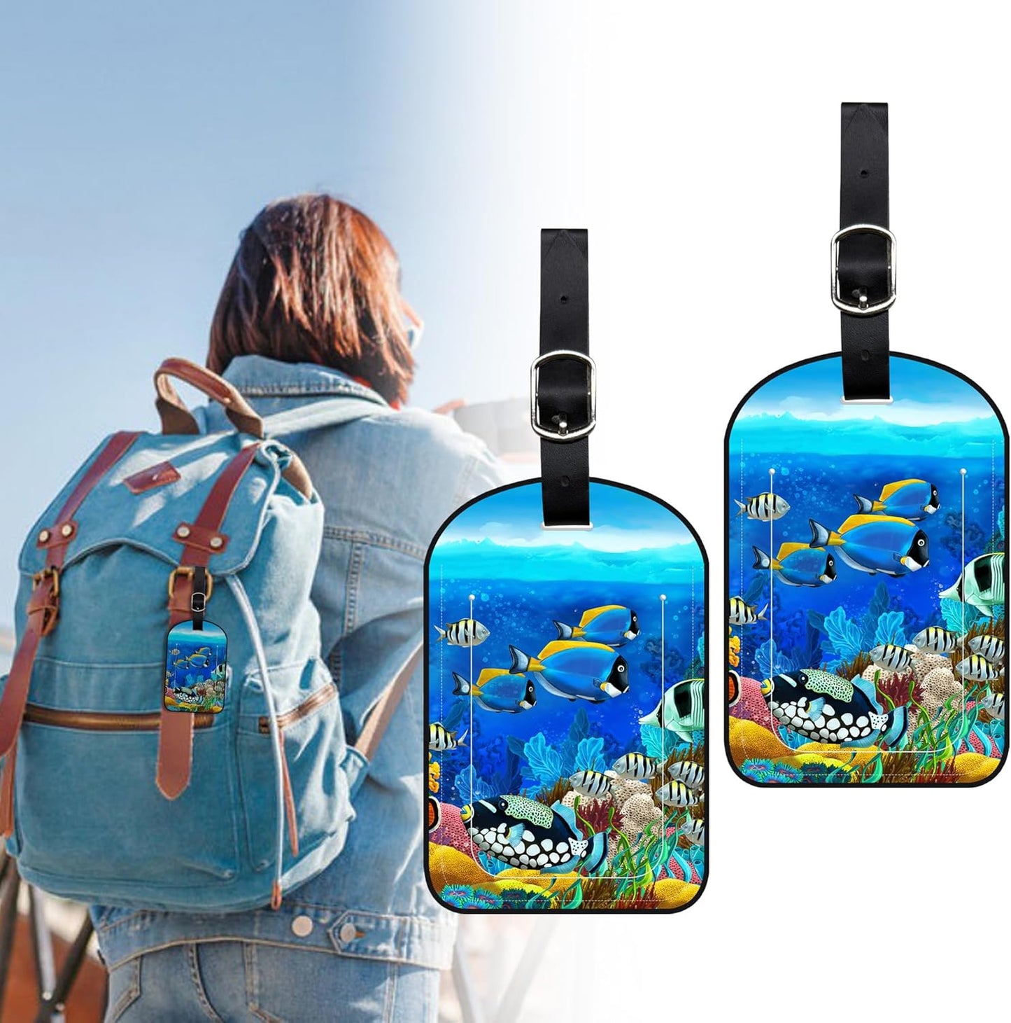 2 Pack Luggage Tags Tropical Fish PU Leather Baggage Handbag Suitcase Tags with Secure Strap Privacy Cover ID Labels,Business Travel Baggage Tag Identifier