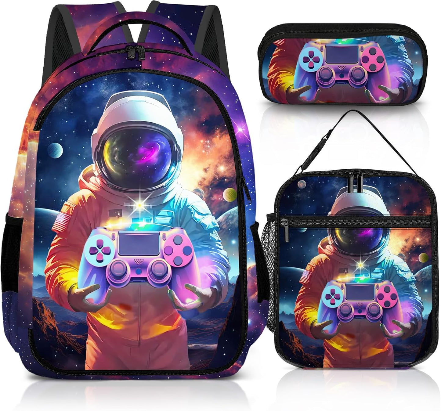 Game Backpack Set for Boys, Gaming Backpack 3 Pack, Boys Lunch Box, and Pencil Bag for Kids, 17"