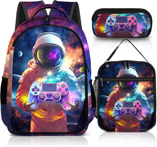 Game Backpack Set for Boys, Gaming Backpack 3 Pack, Boys Lunch Box, and Pencil Bag for Kids, 17"
