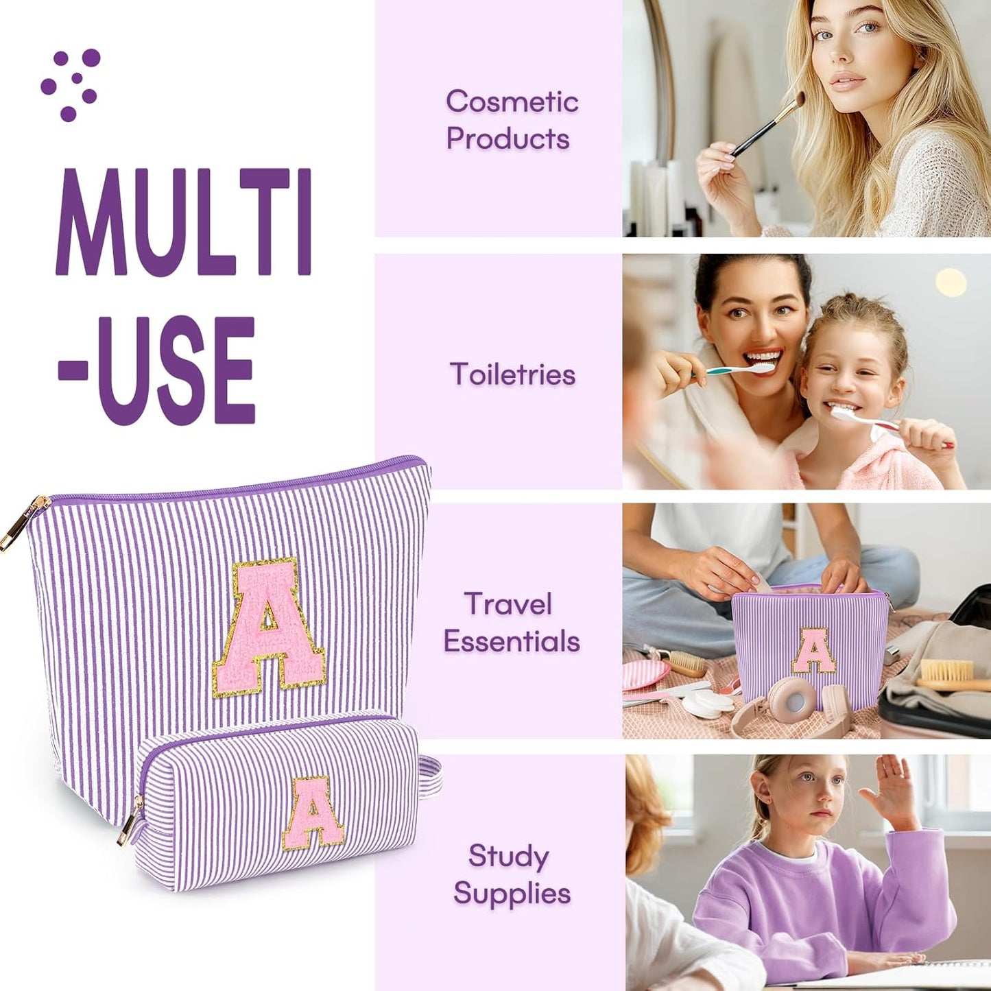 mibasies 2 PCS Initial Makeup Bags for Women: - Birthday Gifts for Teen Girls 11 12 13 14 15 16 Years Old - Preppy Trendy Stuff - Cosmetic Bag for Travel Toiletry - Purple A