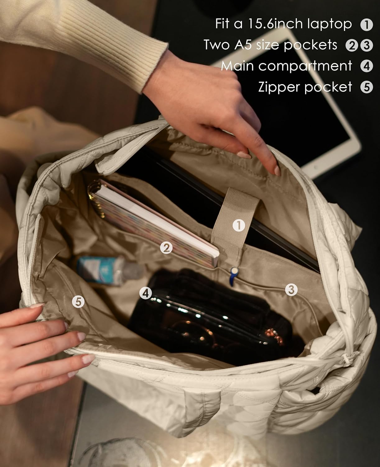 Tote Bag for Women, Lightweight Puffer Tote Work Bags with Compartments for Travel, Quilted Shoulder Bag with Zipper