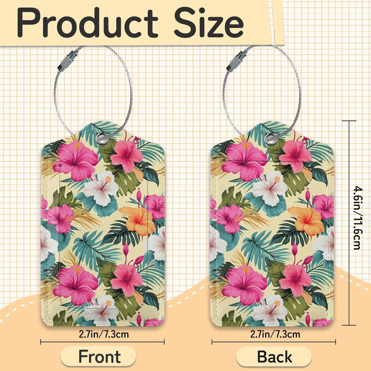 Hawaiian Luggage Tag for Suitcase,Tropical Palm Leaves Design with Privacy Flap Name ID Label Metal Loop, 3 Pack