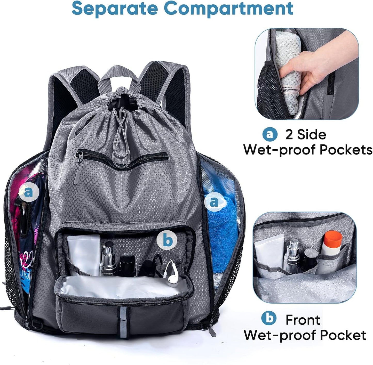 Large Beach Backpack Waterproof Sandproof - Customized Oversized Drawstring Pool Bag with Shoe Compartment for Toiletries, Towels, Gym, Travel