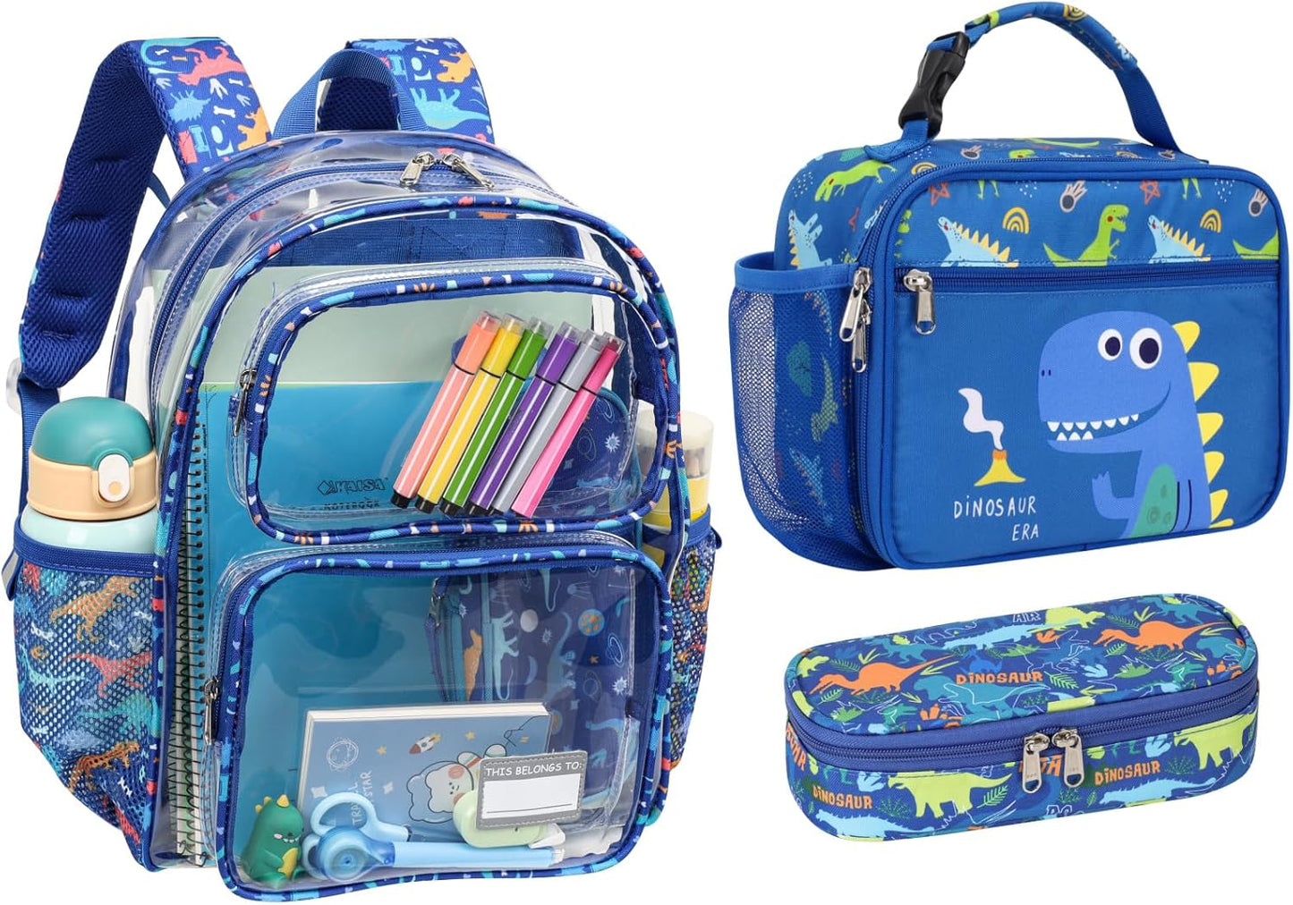 Bagseri 3pcs Clear Backpack for Boys - 15 Inch Backpack and Lunch Bag and Pencil Case Set, Heavy Duty Transparent Bookbag for School, See Through Bag for Kids Aged 3 to 8, Blue Dinosaur