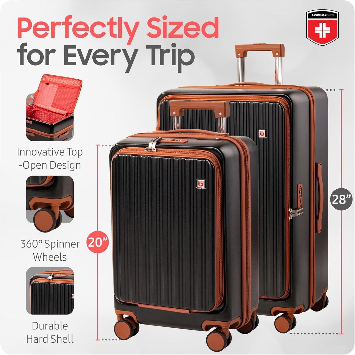 SWISS&CO 3-Piece Premium Luggage Set – Hardshell Spinner Suitcases with TSA Lock, Front-Open Design, Durable Travel Backpack – Spacious, Multi-Compartment Design– 28" Checked, 20" Carry-On–Sleek Black