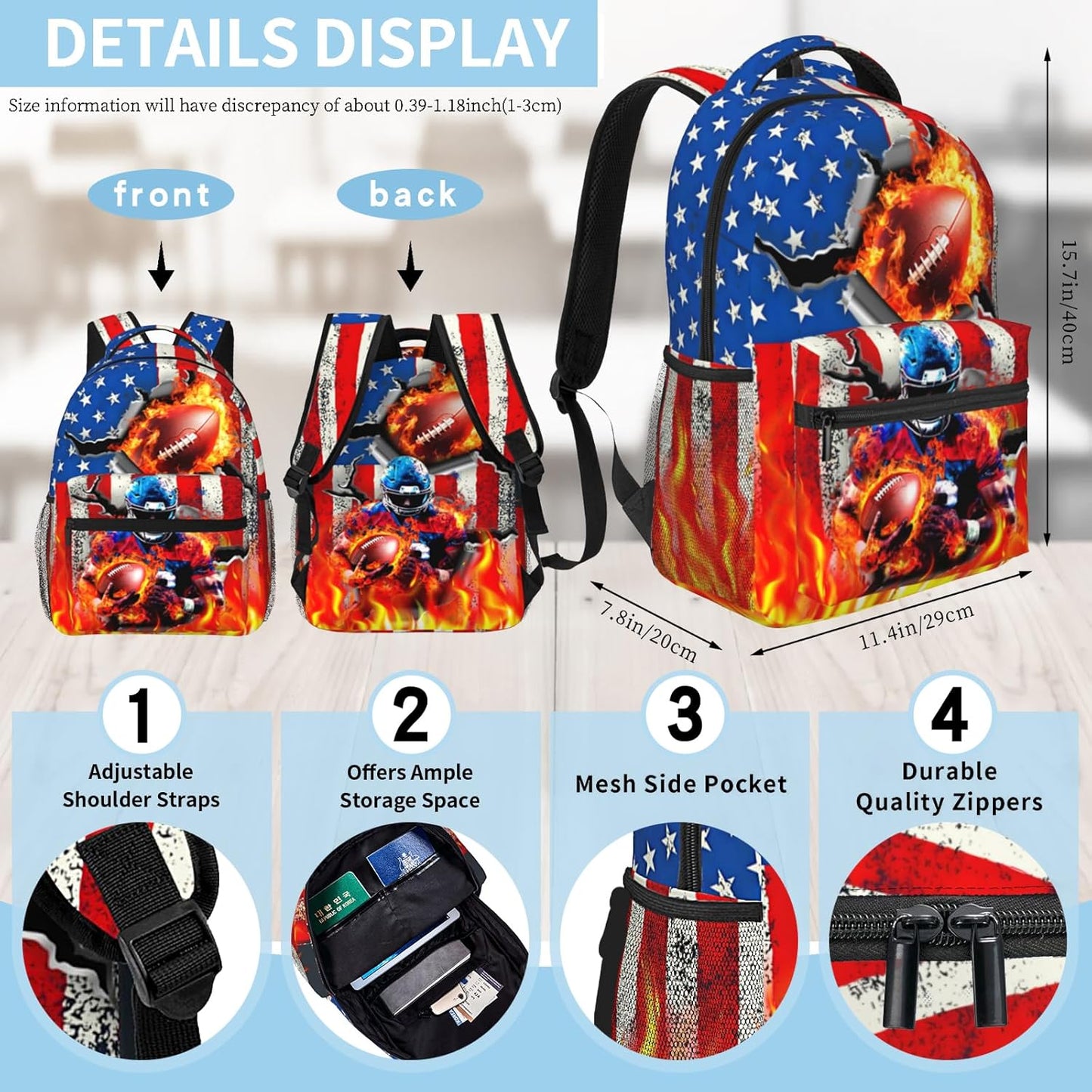 American Football School Backpack for Boys Sports Theme Backpack for Kid Boys Ages 6-18 Elementary Middle School Students Kids' Backpacks Football American Flag Bookbag Travel Back Pack
