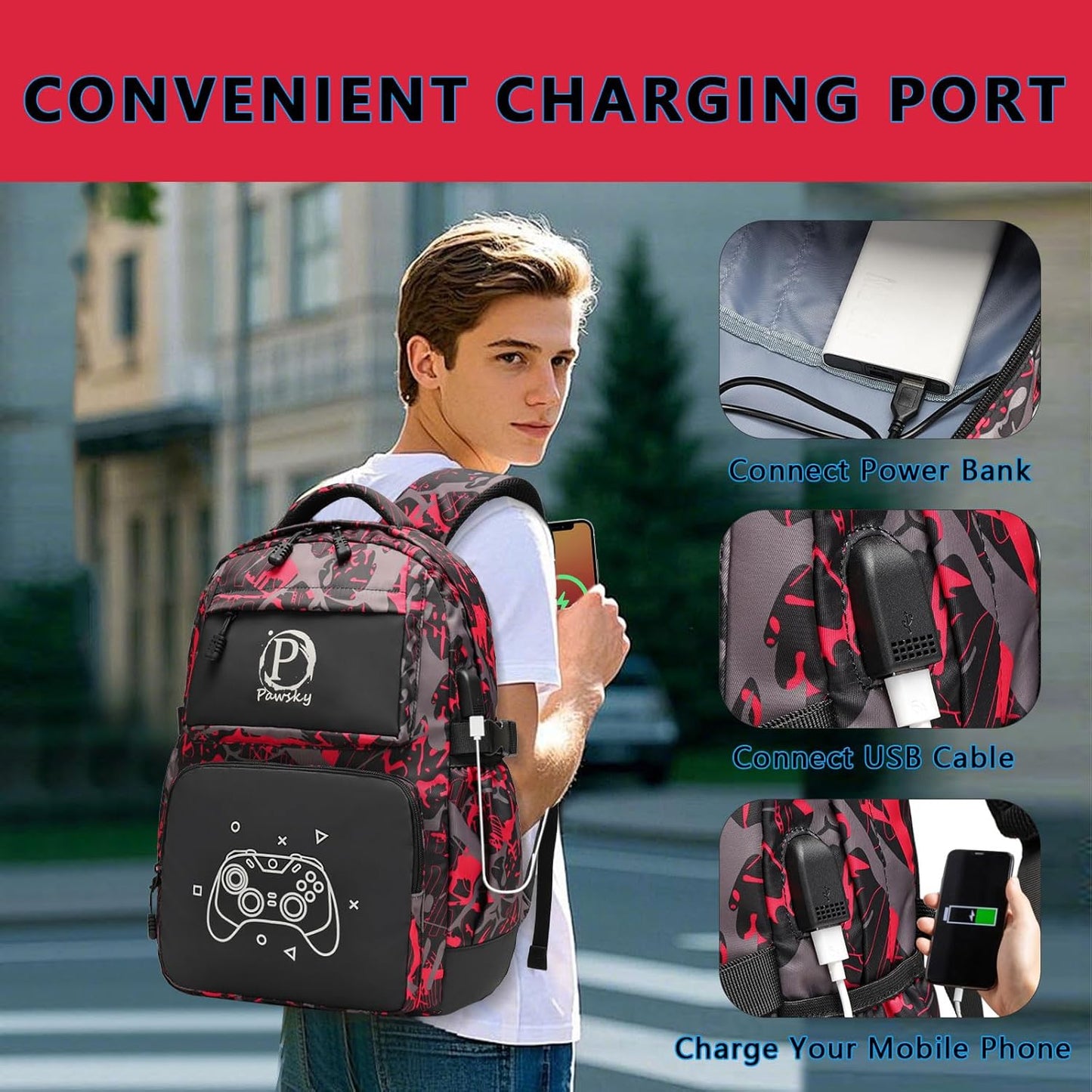 Kids Backpack for Boys Girls Elementary Primary Middle School Bags Cool Luminous School Backpack with USB Charging Port, College Bookbag Lightweight Laptop Bag with Sling Bag Set, Red