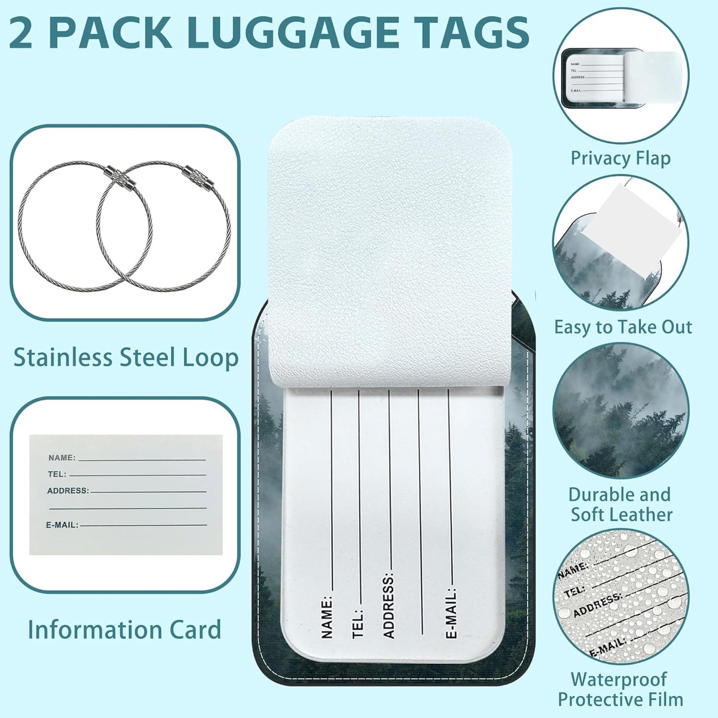 2 Pack Cute Luggage Tag for Suitcases Misty Forest Leather Luggage Tags with Stainless Steel Loop Privacy Flap Name Tags,Men and Women Travel Bag Suitcase Tags