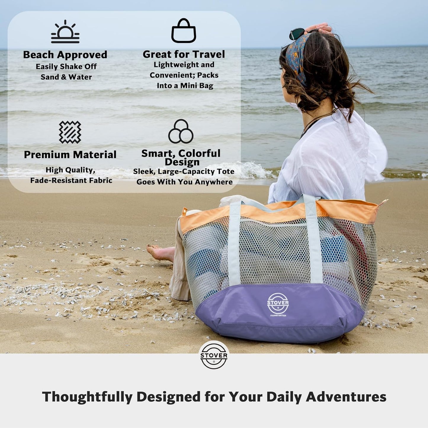 STOVER Large Mesh Beach Bag, Vacation, Pool, Shopping, & Travel Tote - Foldable w/Storage Pockets for Women, Men & Families