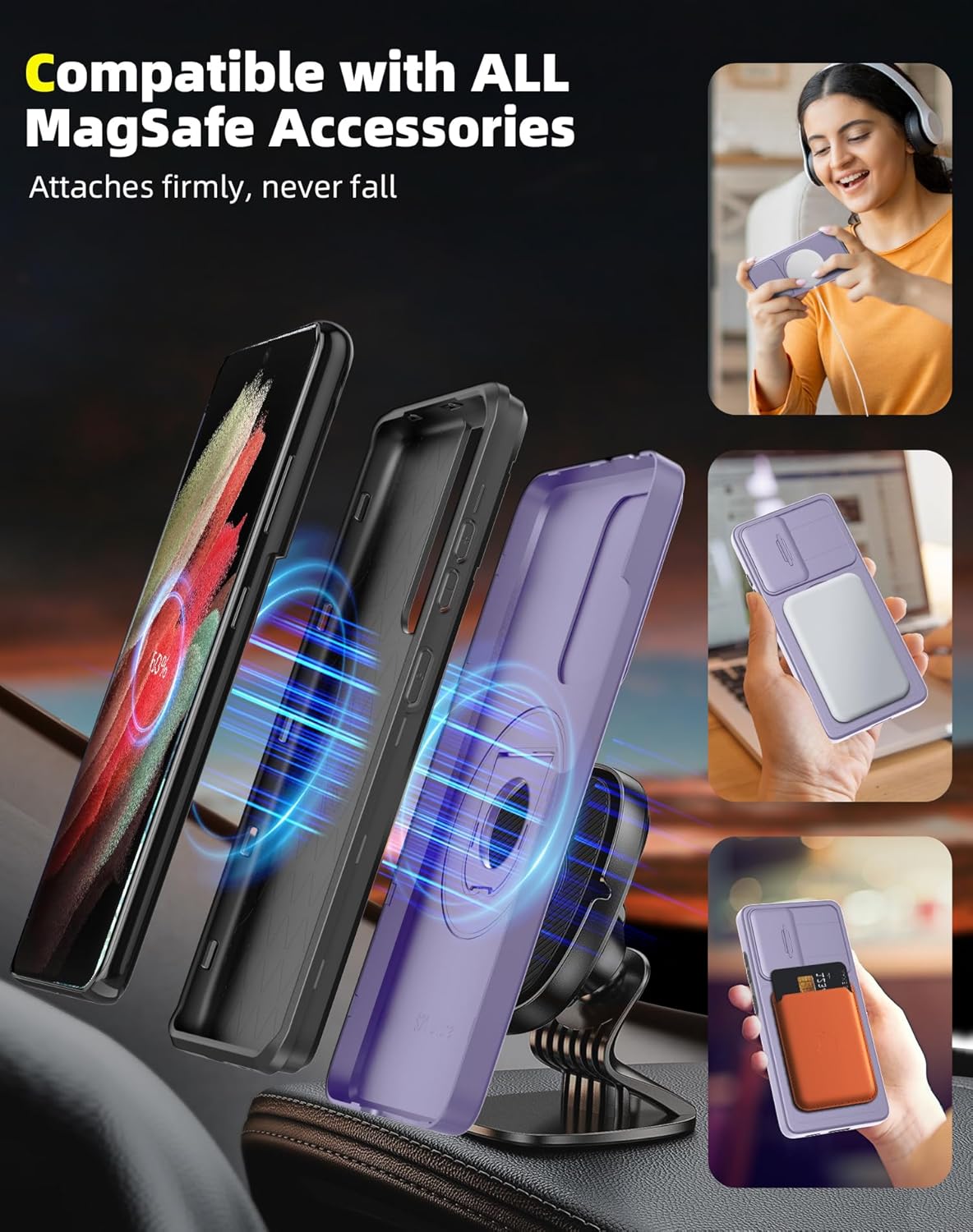 for Samsung Galaxy S21Ultra Case Magnetic Compatible with MagSafe Wireless Charging,with Screen Protector,Built-in Stand Ring+Camera Cover Anti-Scratch Shockproof Heavy Duty Protection Purple