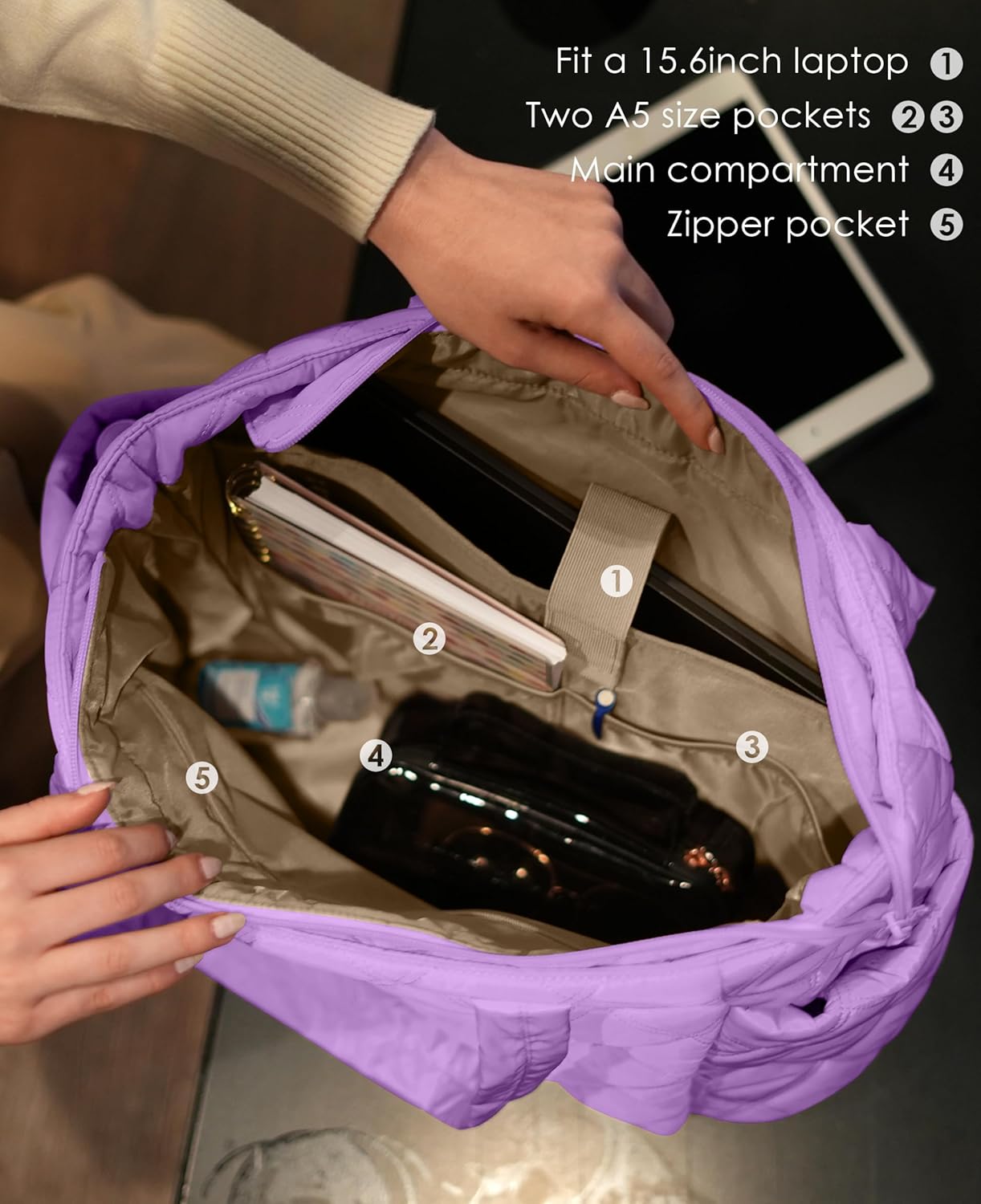 Tote Bag for Women, Lightweight Puffer Tote Work Bags with Compartments for Travel, Quilted Shoulder Bag with Zipper