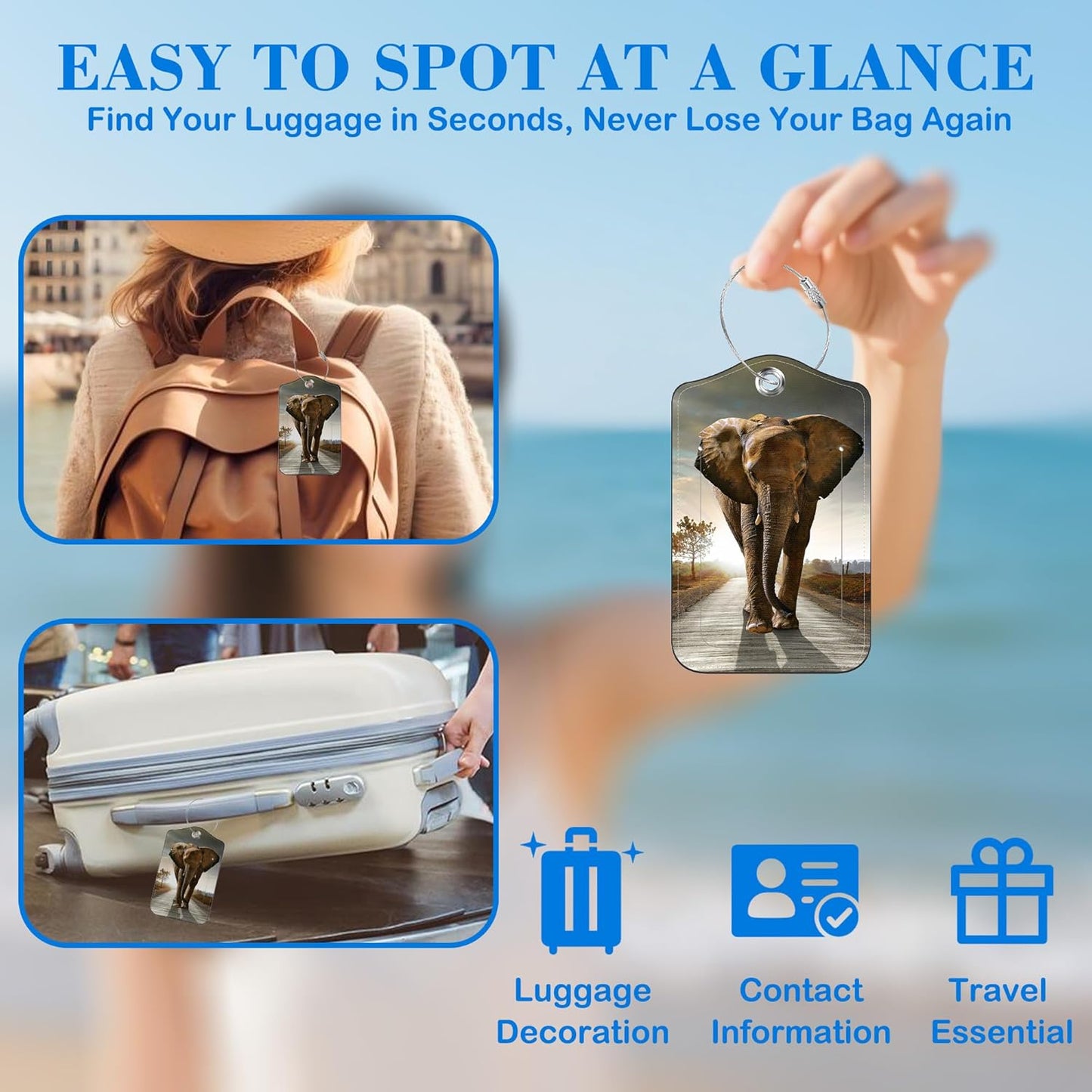 2 Pcs Luggage Tags for Suitcases, Walking Elephant Leather Bag Tags for Luggage Privacy Cover Name ID Label with Stainless Steel Loop Cruise Airport Travel Essentials