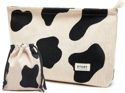 WLLWOO Makeup Bag-2pcs Cow Corduroy Cosmetic Bag Zipper Interior Waterproof Pencil Case Coin Purse Travel Toiletry Small Makeup Pouch For Women