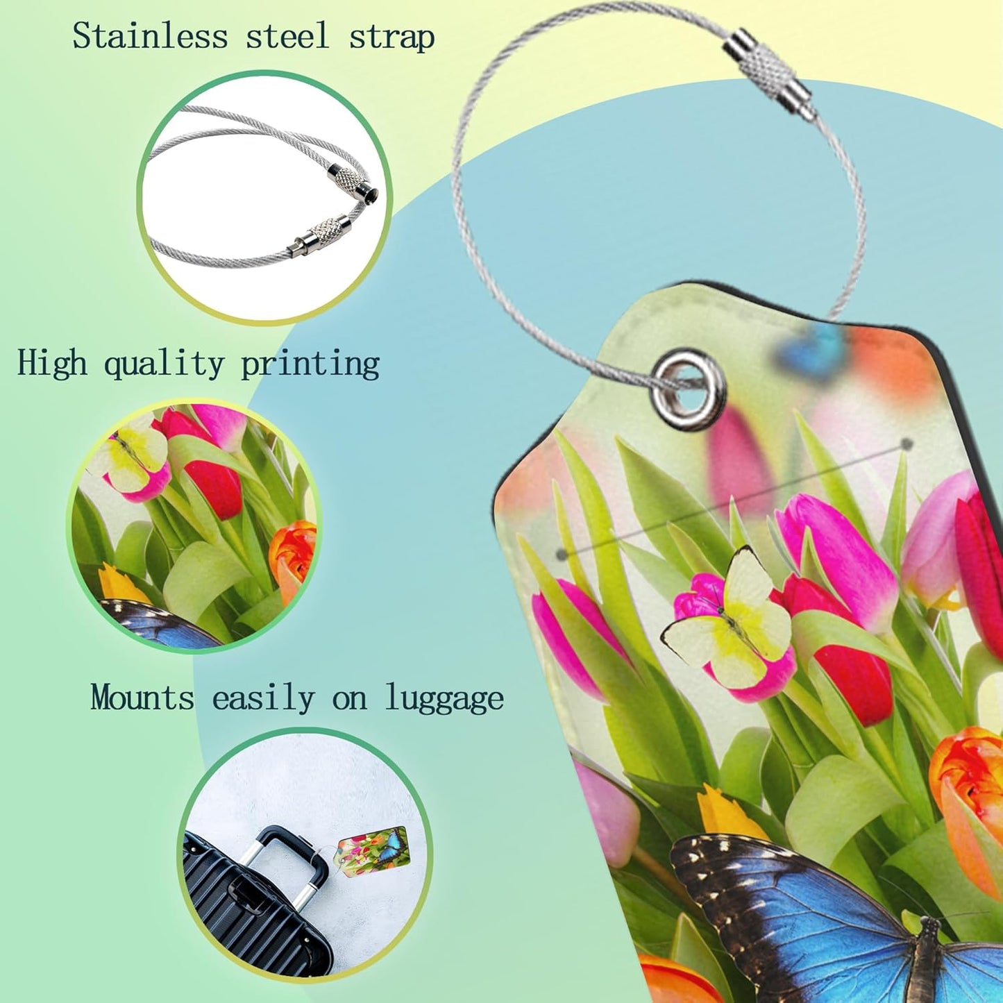 Blue Butterfly Luggage Tag,Tulip Flowers Luggage Tags of Set 2 Leather Identifiers Privacy Cover with Stainless Steel Loop for Women Men Travel Bag Suitcase