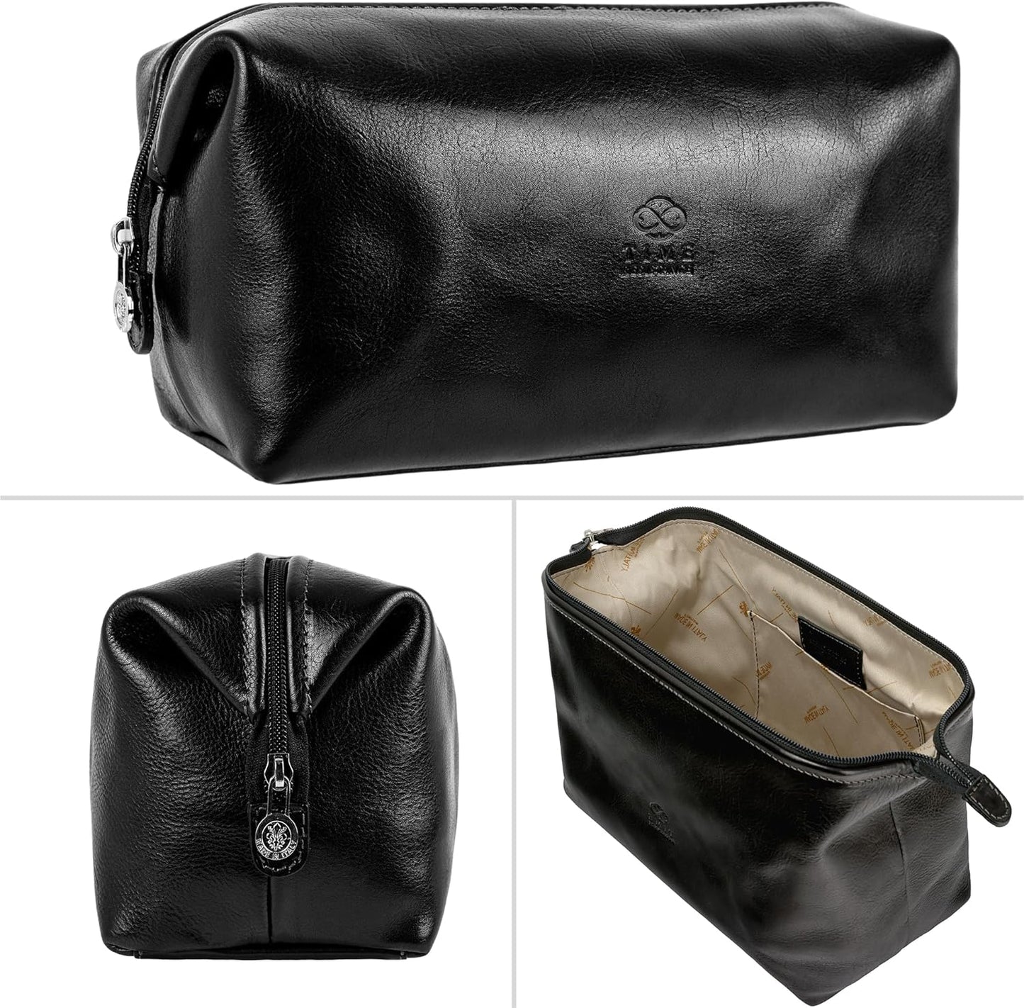 Time Resistance Leather Toiletry Bag Cosmetic Case Italian Classy Dopp Kit