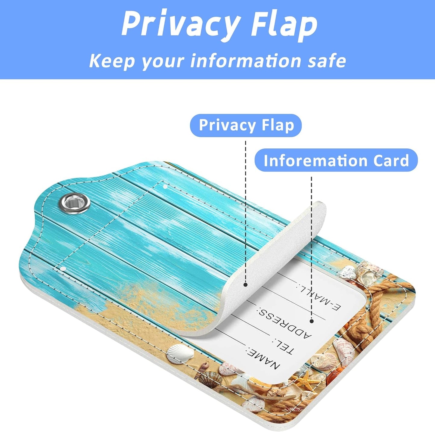 Luggage Tags for Suitcase Rope Shells Sea Sand on Blue Wooden 2 PCS Leather Travel Cruise Luggage Tag with Stainless Steel Loop Name ID Label Privacy Cover for Women Men Travel Bag Labels Set