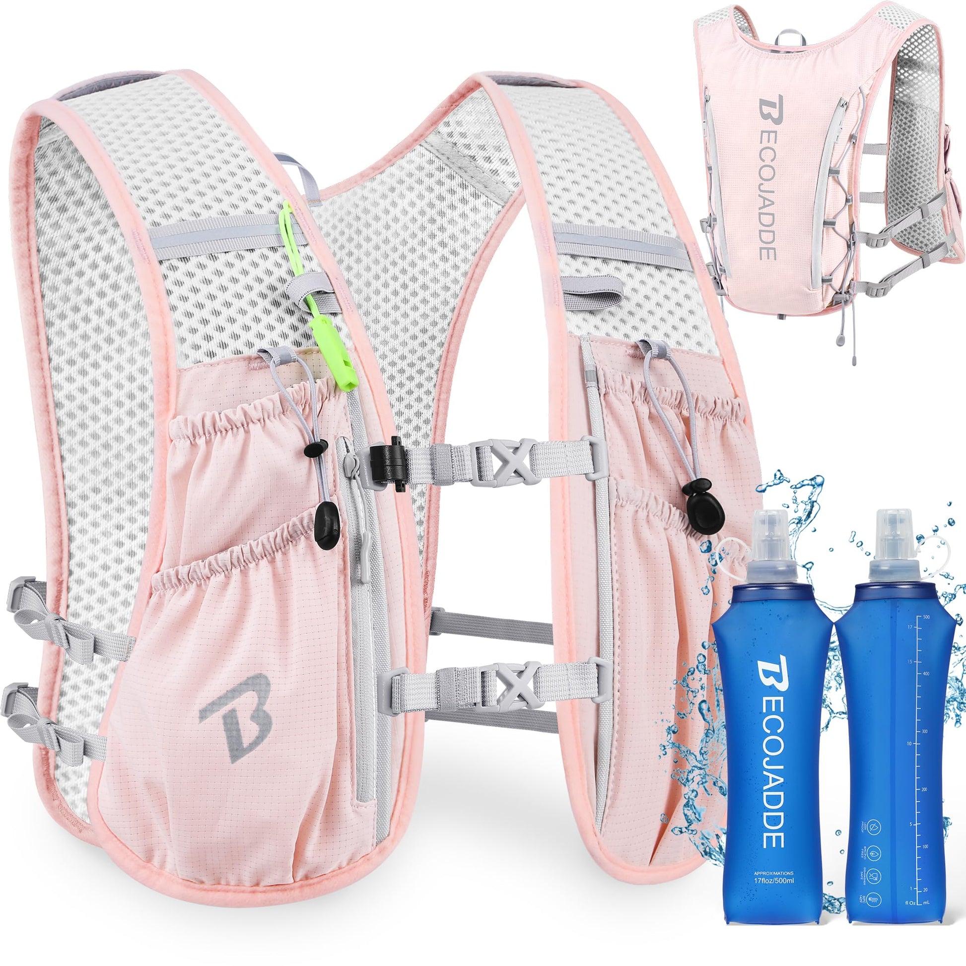 BECOJADDE Running Vest Hydration Backpack with Two 500ML Soft Water Bottles for Men Women, 5L