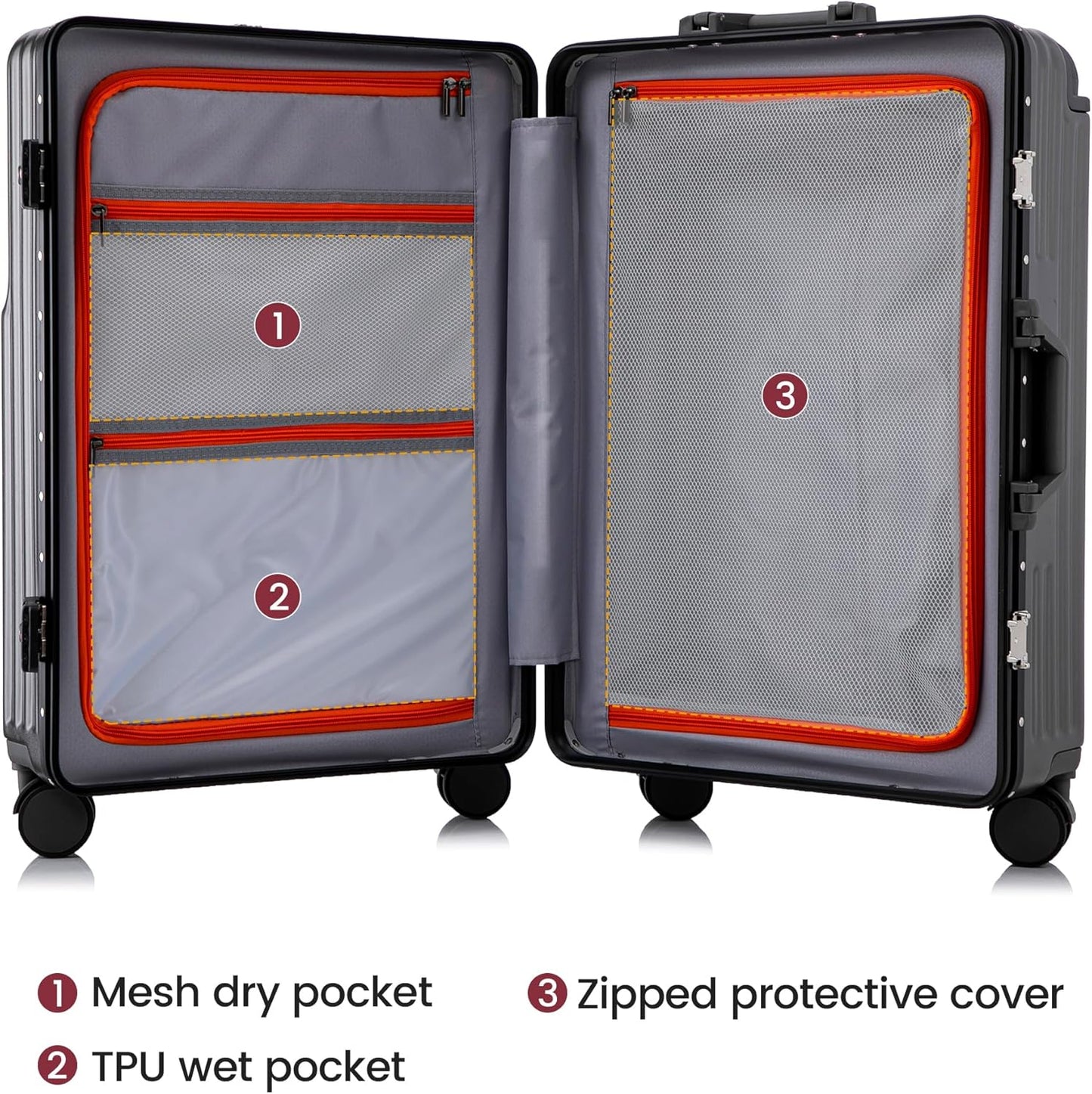 20 Inch Carry On Luggage with Spinner Wheels,Aluminum Frame PC Hard Shell Suitcase with USB Port,Lightweight Travel Luggage Airline Approved for Men Women (Iron Gray)