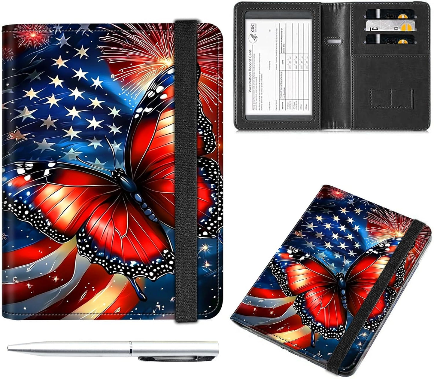Passport and Vaccine Card Holder Cover Combo,Travel Passport Holder Wallet with RFID Blocking, Leather Vaccine Card Slot Passport Cover Case for Women & Men,Butterfly American Flag