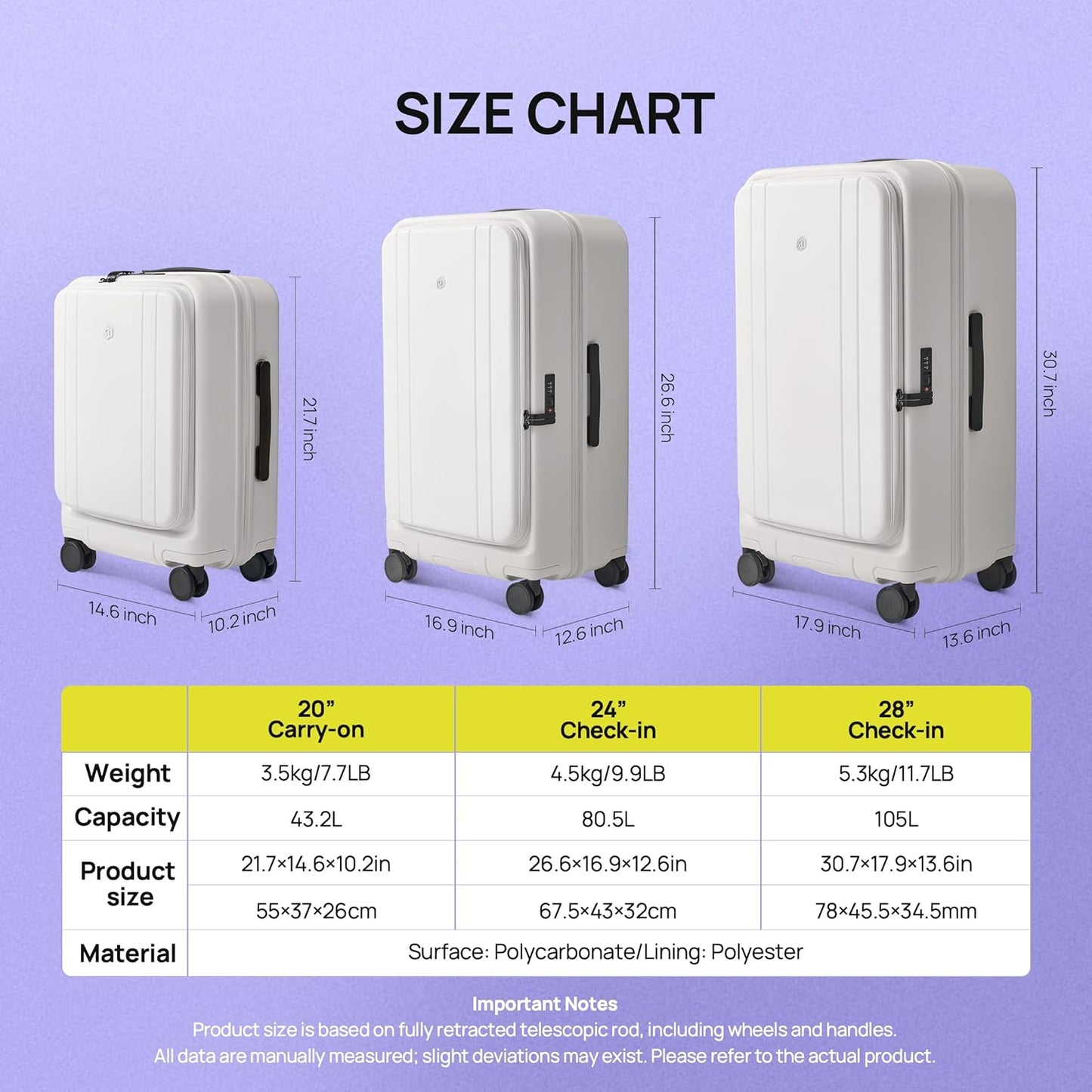 NINETYGO Carry On Luggage 22x14x9 Airline Approved, Top Opening Luggage 20 Inch Suitcase, Expandable, PC Hard Shell, Larger Capacity Carryon, TSA Lock, 360° Spinner Wheels (White, Hobo Pro)