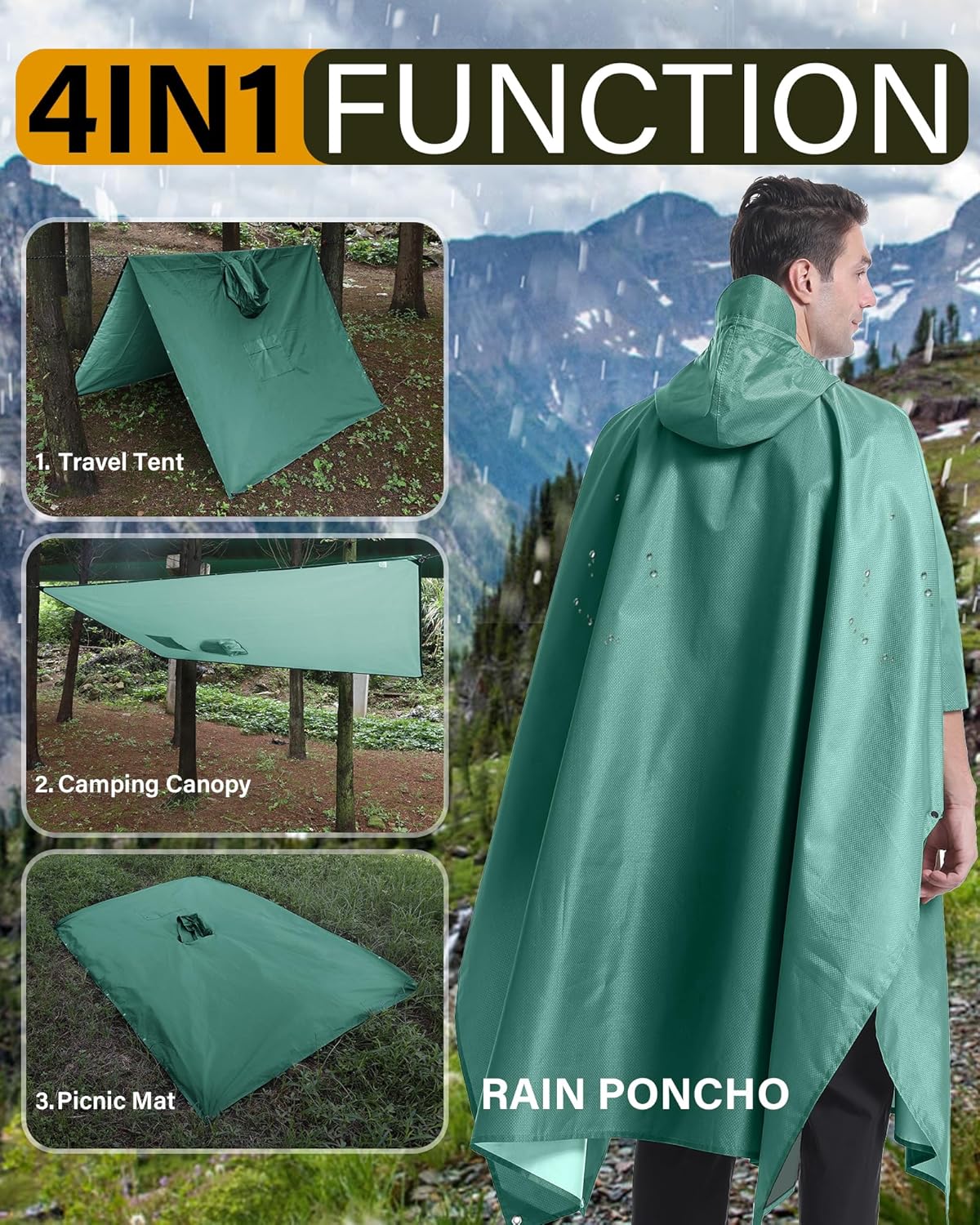 iCreek Hooded Rain Poncho Packable Unisex Raincoat Jacket with Pocket Waterproof Lightweight for