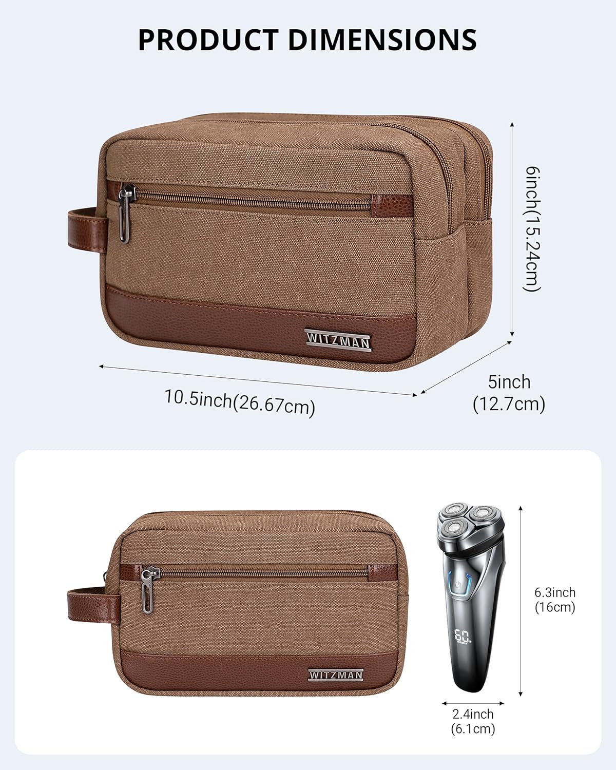 WITZMAN Canvas Toiletry Bag for Men Hanging Dopp Kit Organizer Water-resistant Travel Toiletries bag Men Bathroom Bag with Wet Pocket(A8001 Brown)
