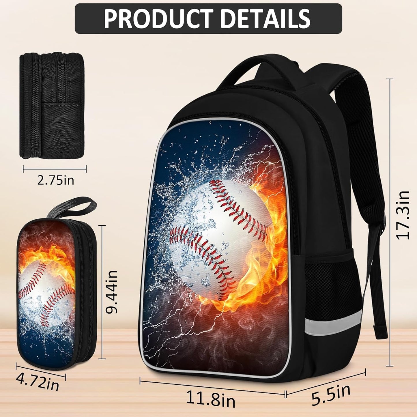 School Backpack for Boys - 4pcs Baseball Boys Backpack with Lunch Box and Pencil Case for Kids Children Teens Elementary Middle School - Students Bag for Ages 6-18,17″Bookbag Travel Back Pack