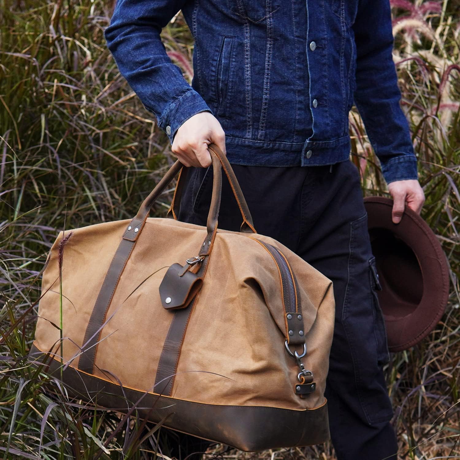 Polare 23” Waterproof Travel Duffel Bag Waxed Canvas Cowhide Leather Trim Luggage for Gym 55L