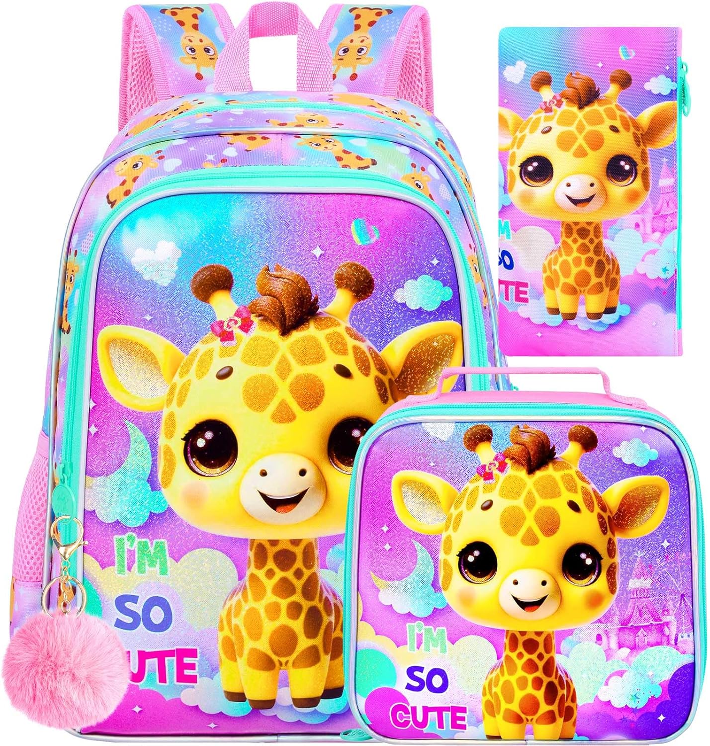 3PCS Girls Giraffe Bookbag, Water Resistant Kids Backpack Set with Lunch Box, Cute School Bag for