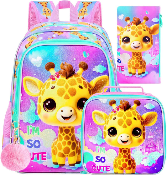 3PCS Girls Giraffe Bookbag, Water Resistant Kids Backpack Set with Lunch Box, Cute School Bag for Preschool Toddler
