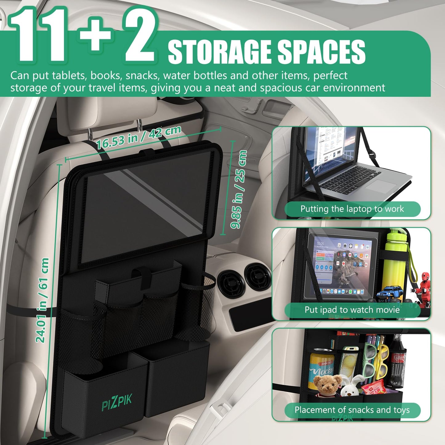 Plzpik Car Backseat Organizer with Tray(1Pack),13Storage Pockets with Foldable Food Tray, Protector