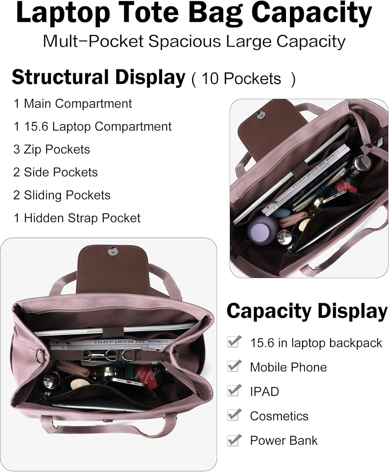 FADEON Large Laptop Tote Bag for Women Designer Leather Laptop Bag Fashion Travel Backpack Purse Shoulder Handbag