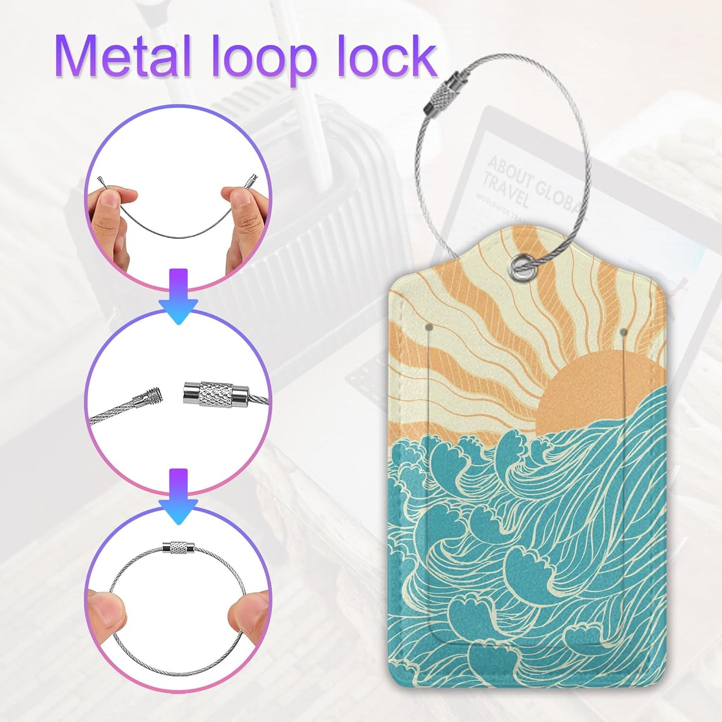 2 Pack Leather Luggage Tag for Suitcase Wave at Dawn Ocean and Sun Japanese Style Unique Travel Tags with Privacy Cover ID Label & Stainless Steel Loop for Men and Women Baggage