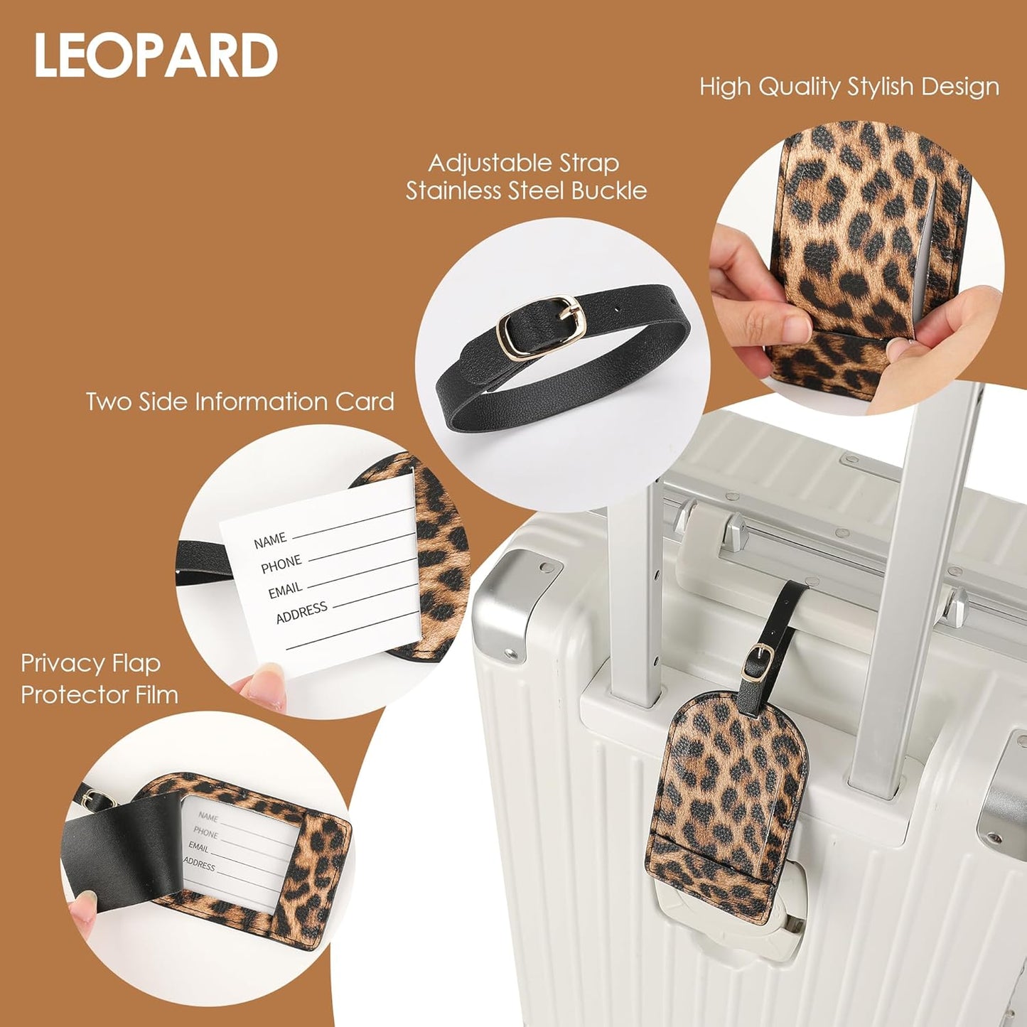 Vegan Leather Luggage Tags for Suitcase Tag Set Privacy Protection with Identifie Name Lable ID Card Baggage tag for Men Women Travel Accessories, 2/4 Pack (LT06-Leopard*4)