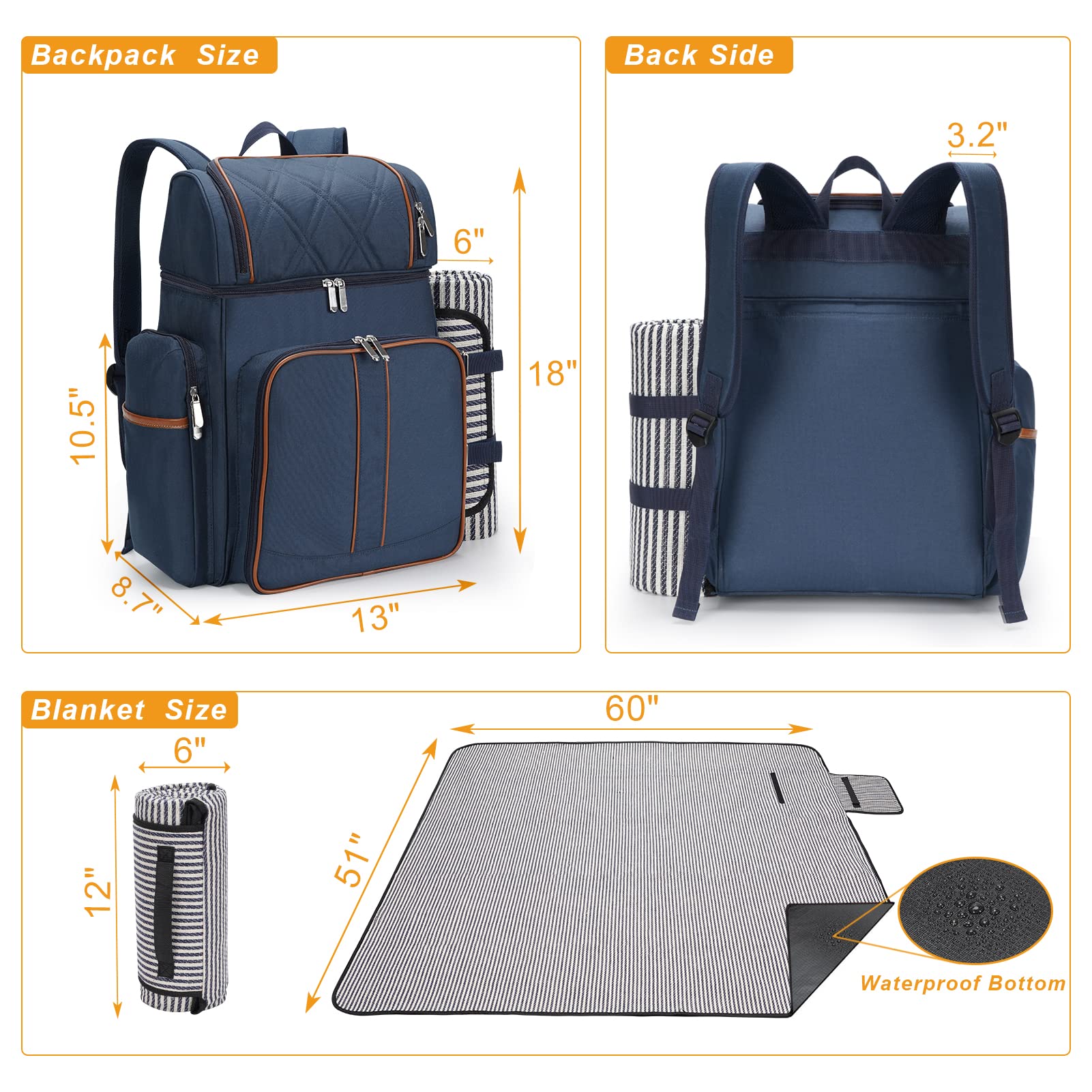 Picnic Backpack for 4, Insulated Cooler Bag with Blanket, Navy Blue