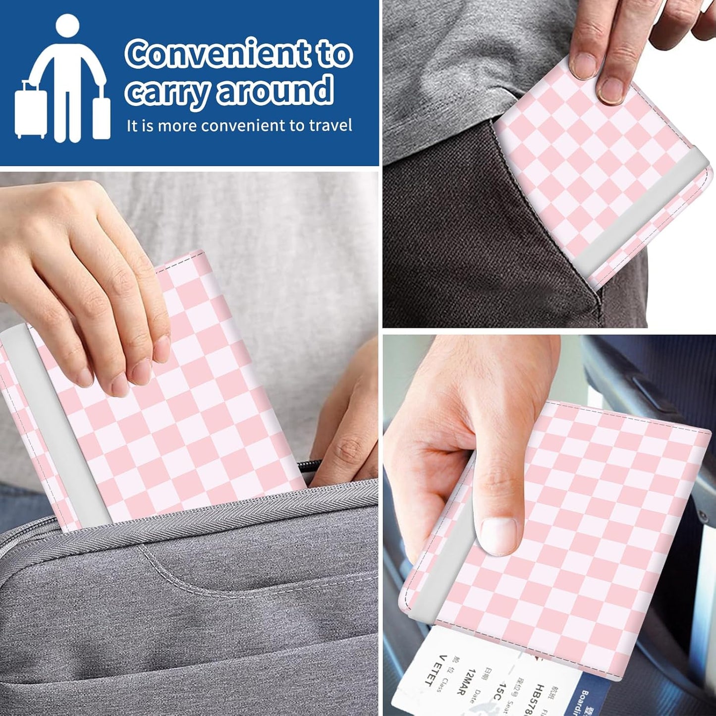 Passport Holder for Travel Essentials, Leather RFID Blocking Passport Wallet Cover Case, Cute Passport Book Holders for Women and Men Pink Checkerboard
